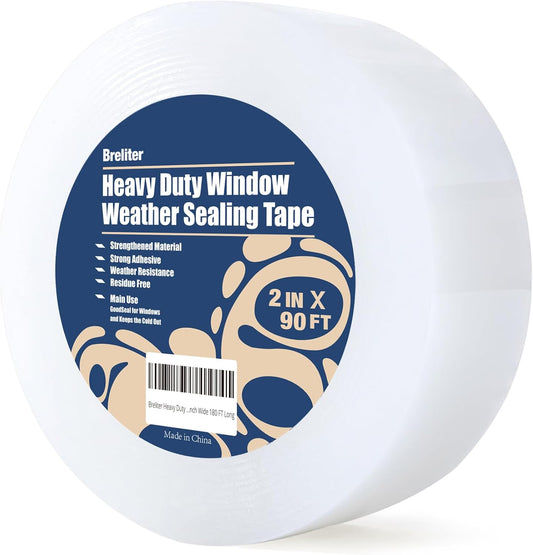 Transparent Heavy Duty Window Weather Sealing Tape - 2 Inch Wide 90 FT Long for Winter and AC Insulation - Mess-Free Seal Kit
