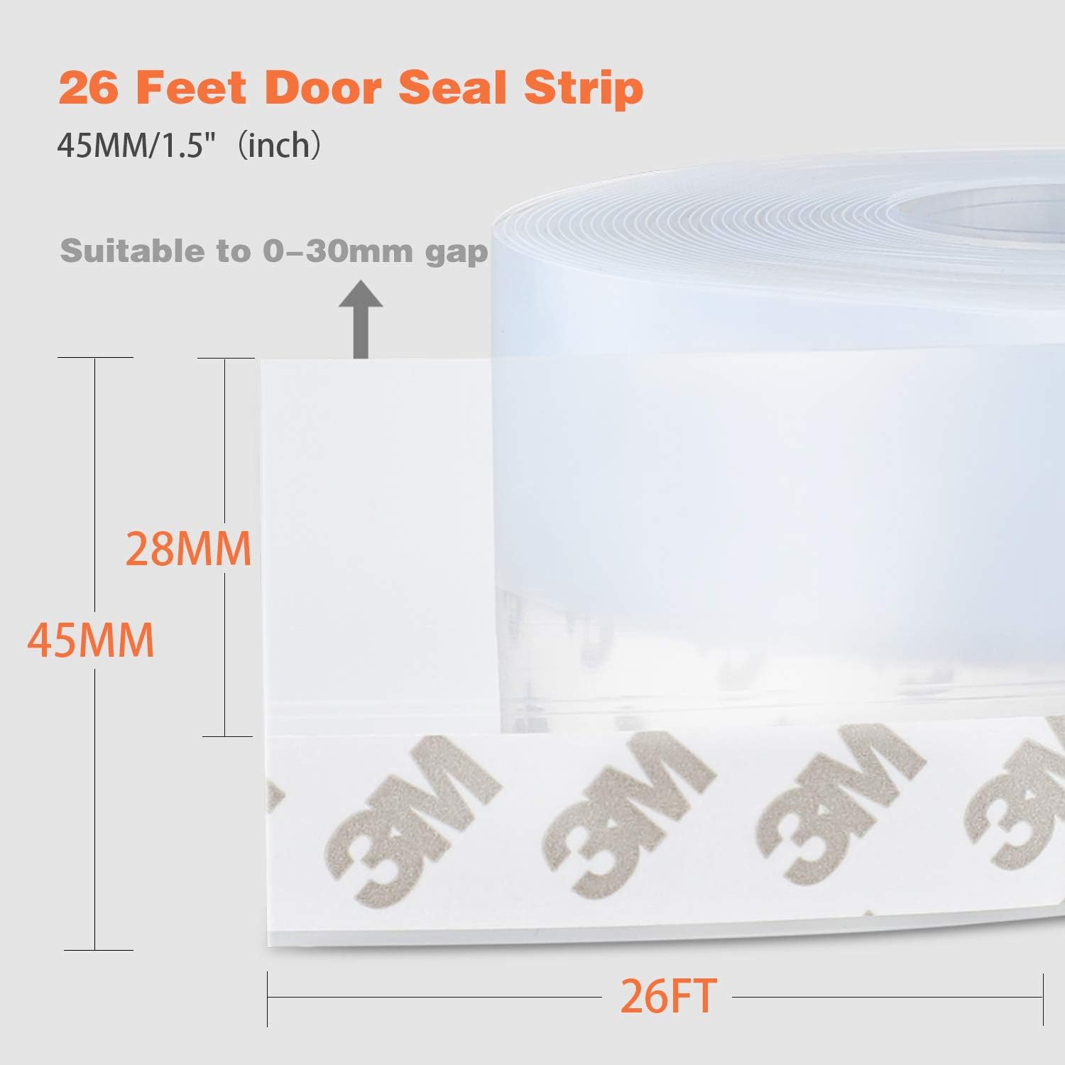 Transparent Silicone Seal Strip - 26 Feet Door Weather Stripping & Draft Stopper Tape for Windows, Doors, Shower Glass - Adhesive Sealant for Gaps (45MM)