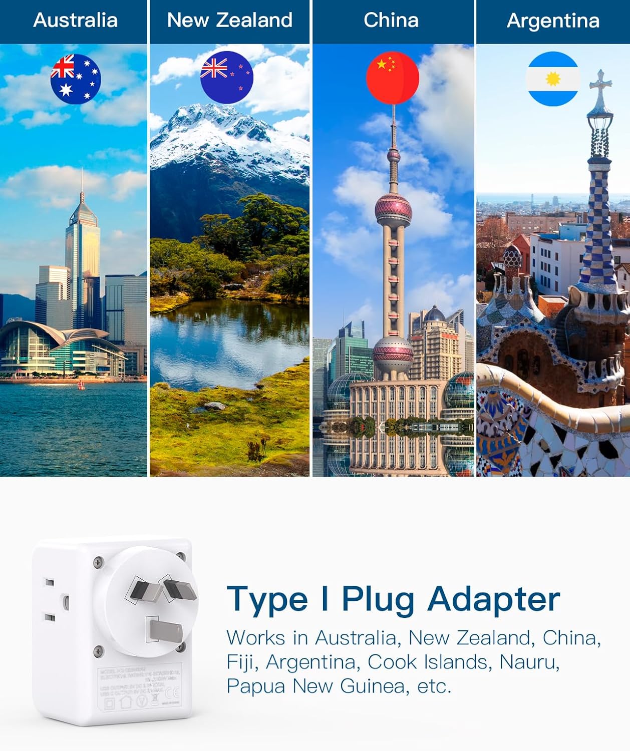 Travel Adapter US to Australia & NZ with 3 Outlets & 3 USB Ports - Type I Plug for USA, Australia, Argentina, China - One Beat Adapter