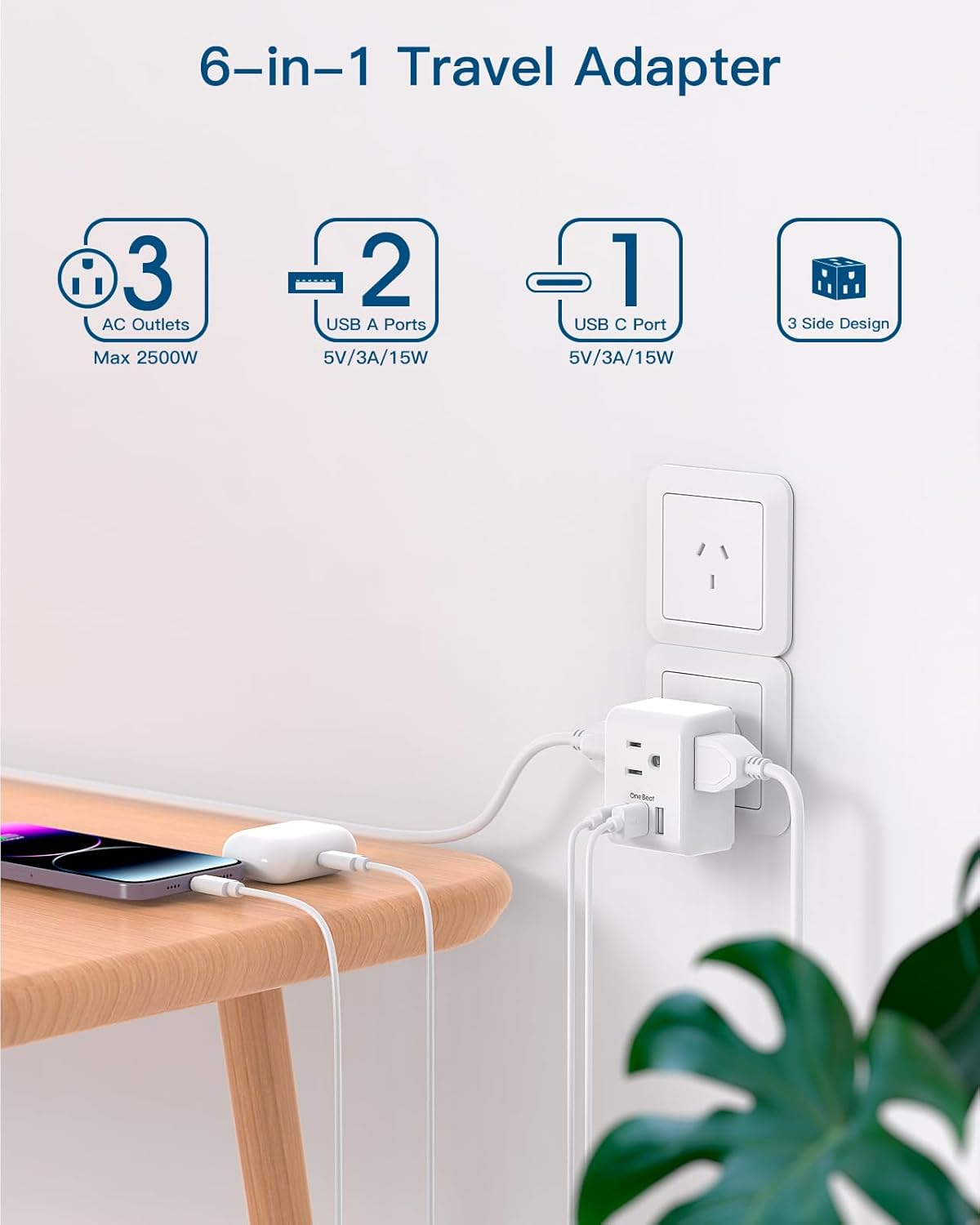 Travel Adapter US to Australia & NZ with 3 Outlets & 3 USB Ports - Type I Plug for USA, Australia, Argentina, China - One Beat Adapter