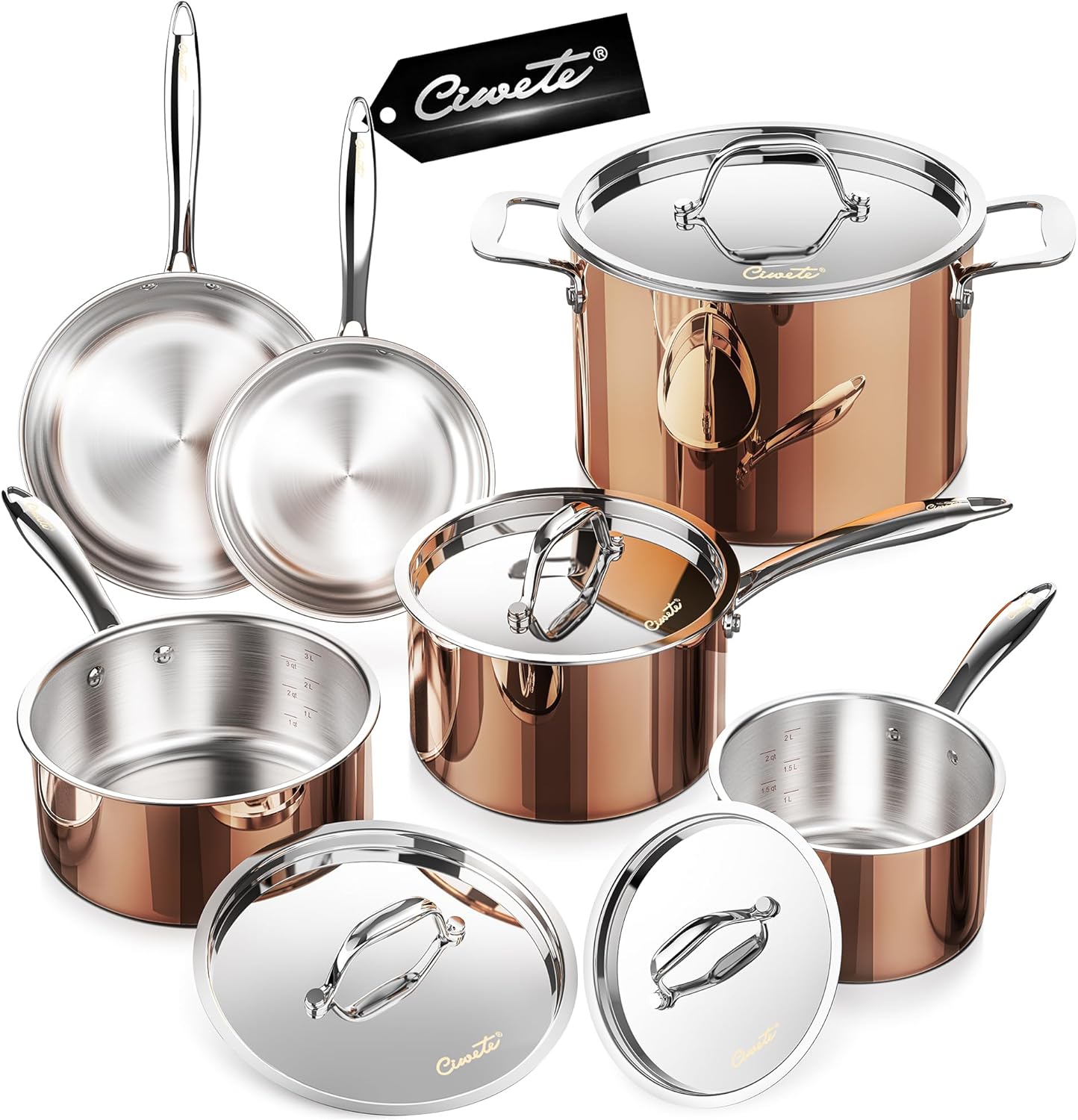 Tri-ply 18/10 Stainless Steel Pot and Pan Set with Copper Finish (10 Piece) - Induction Cookware Set with Stock Pot, Saucepan, Frying Pan