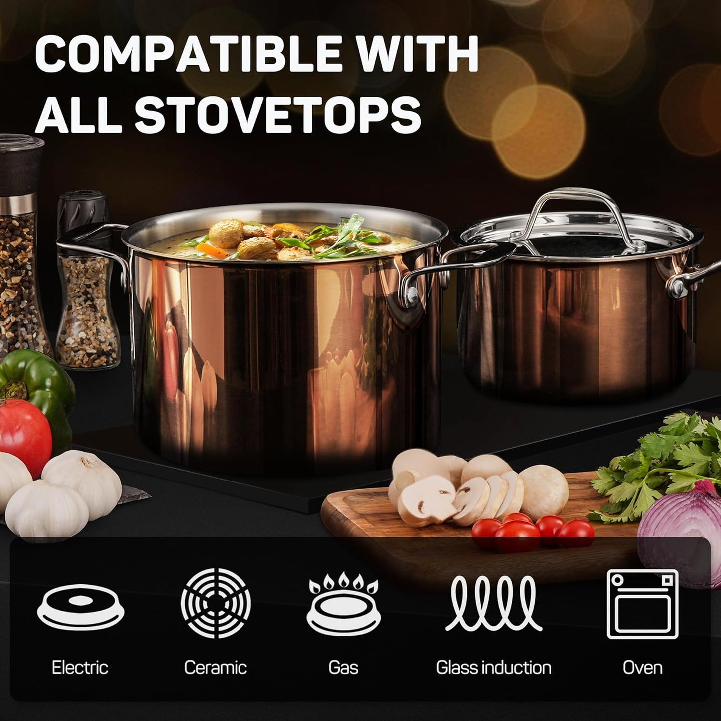 Tri-ply 18/10 Stainless Steel Pot and Pan Set with Copper Finish (10 Piece) - Induction Cookware Set with Stock Pot, Saucepan, Frying Pan