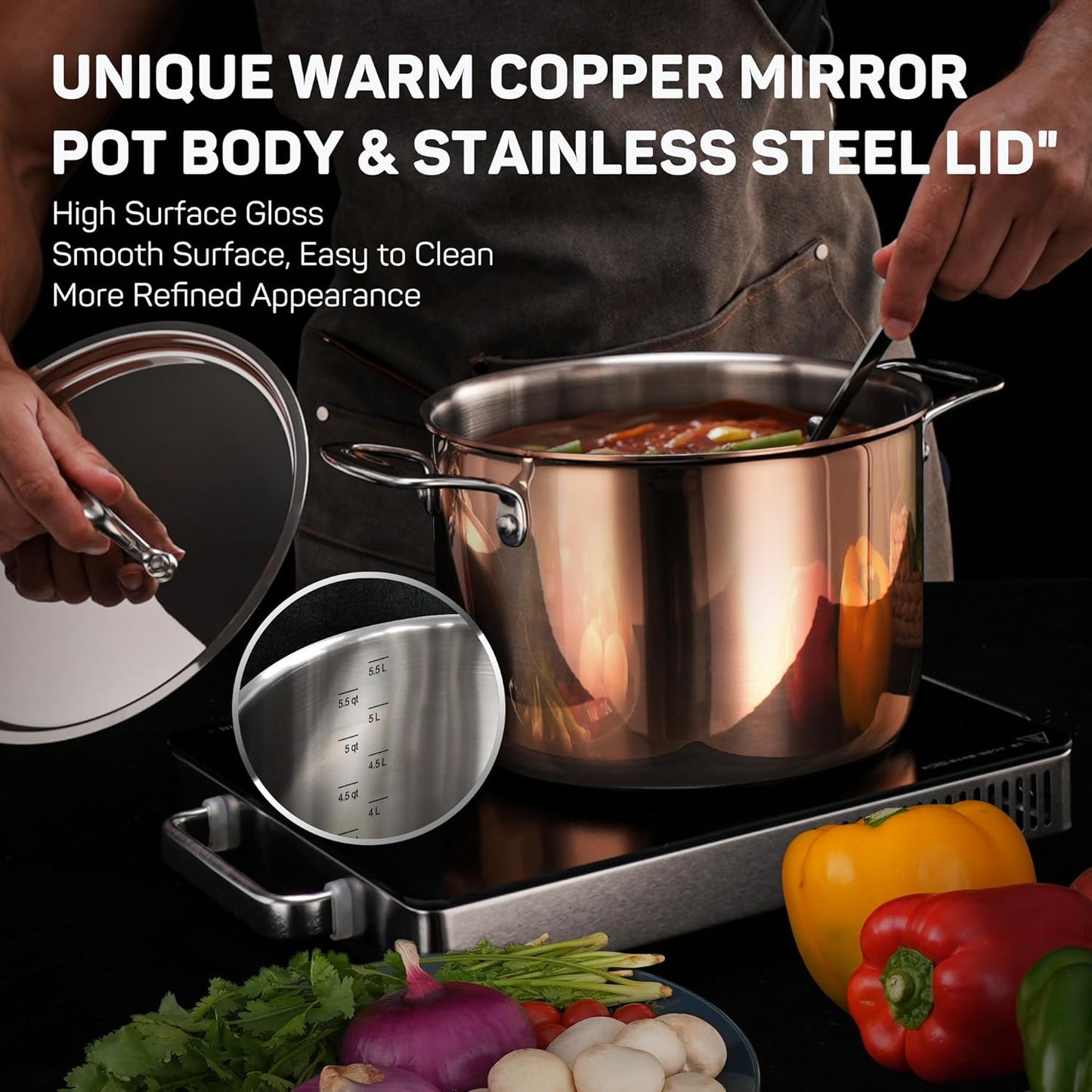 Tri-ply 18/10 Stainless Steel Pot and Pan Set with Copper Finish (10 Piece) - Induction Cookware Set with Stock Pot, Saucepan, Frying Pan