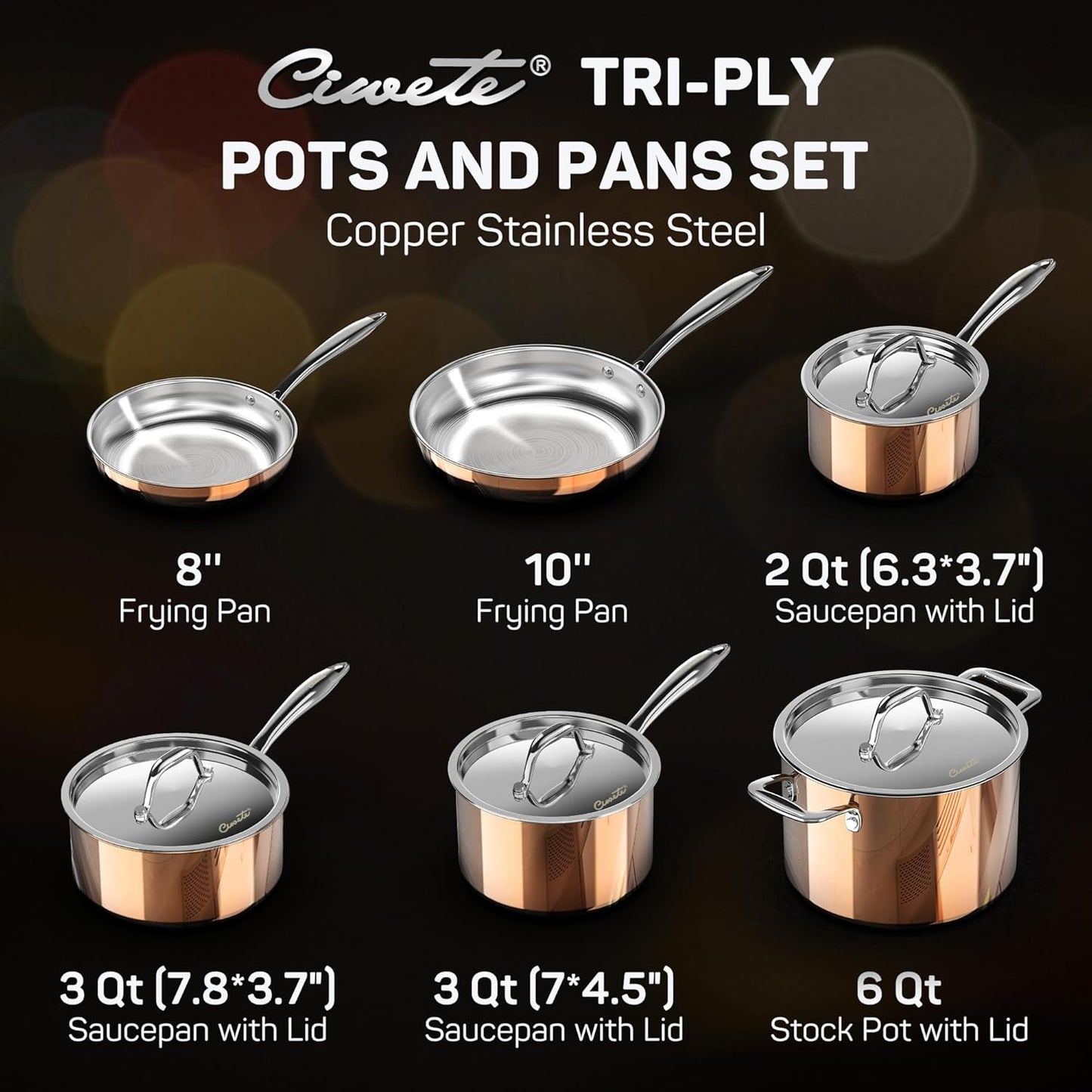 Tri-ply 18/10 Stainless Steel Pot and Pan Set with Copper Finish (10 Piece) - Induction Cookware Set with Stock Pot, Saucepan, Frying Pan