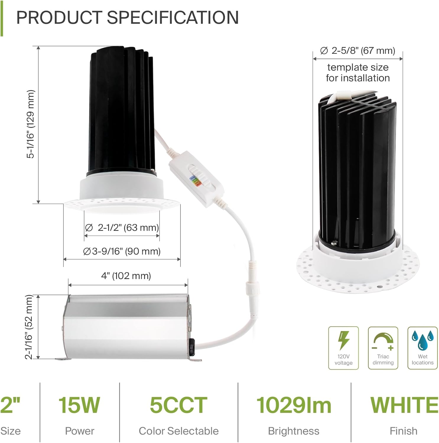 Trimless 2 Inch LED Recessed Lighting 15W Ceiling Light - Round Commercial Downlight (18-Pack)