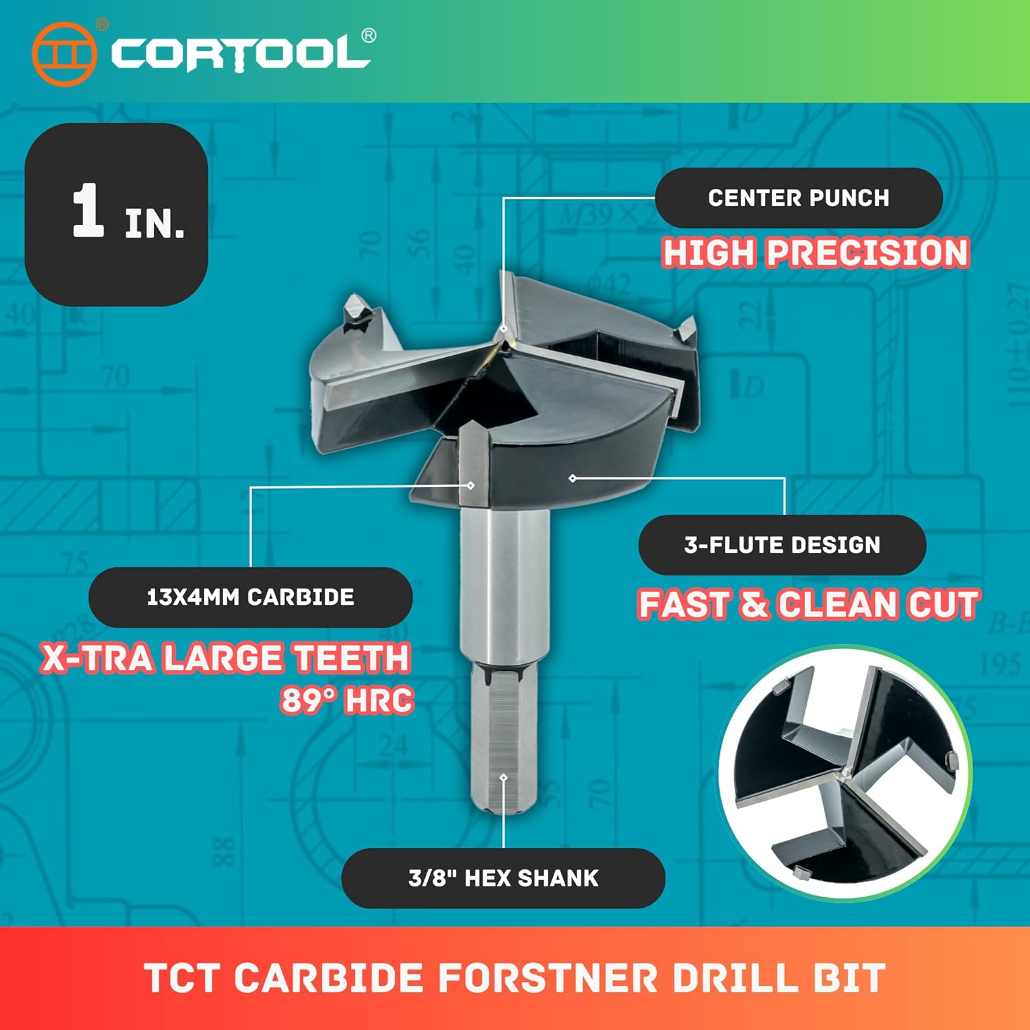 Triple-Flute Carbide Tipped 1 Inch Forstner Drill Bit for Woodworking - Ideal for Hard Wood, Soft Wood, Plywood, and Plastic