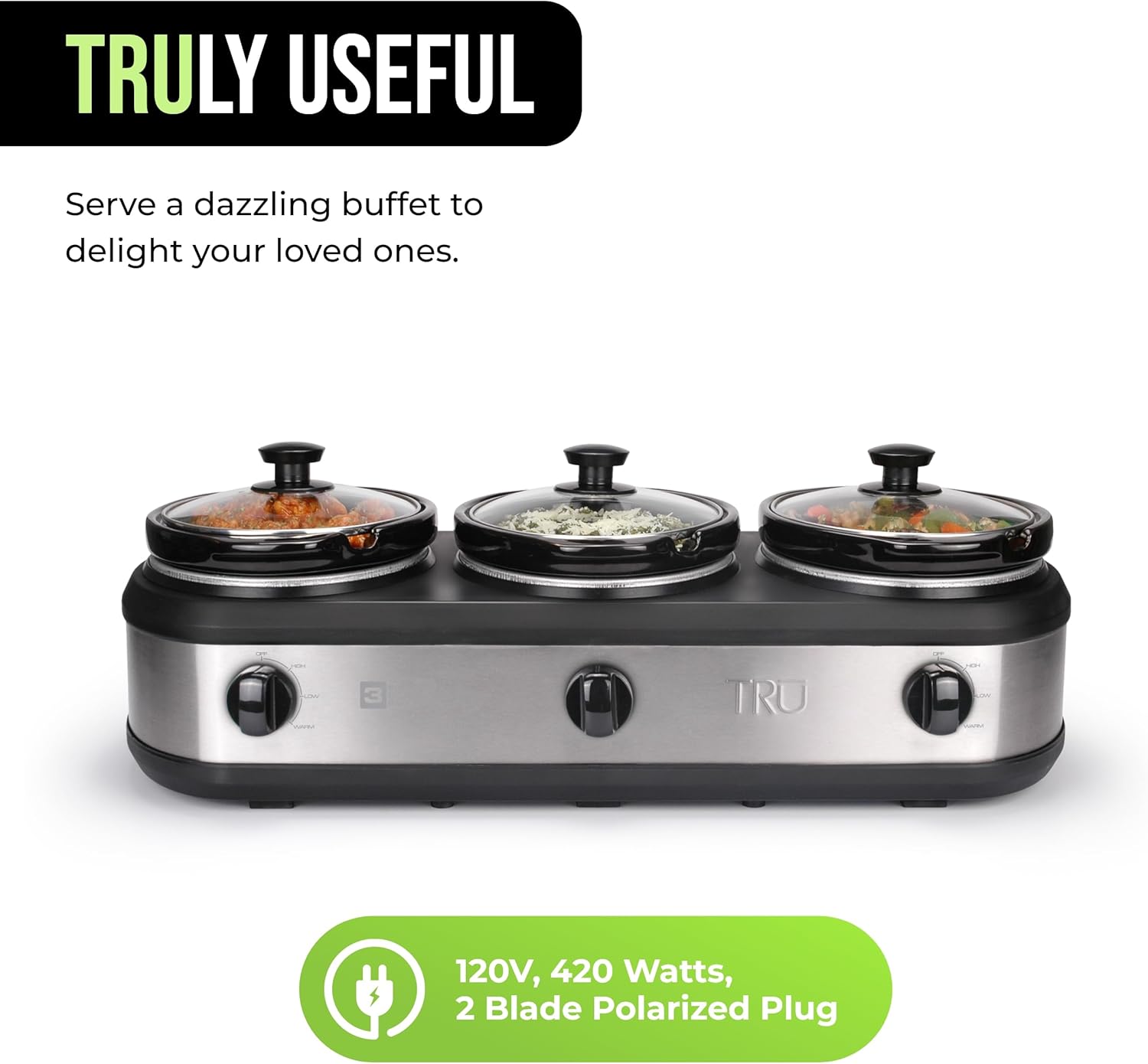 TRU Triple Buffet Server with Three 2-1/2-Quart Removable Inserts - Convenient and Stylish Hosting Solution for Parties and Events