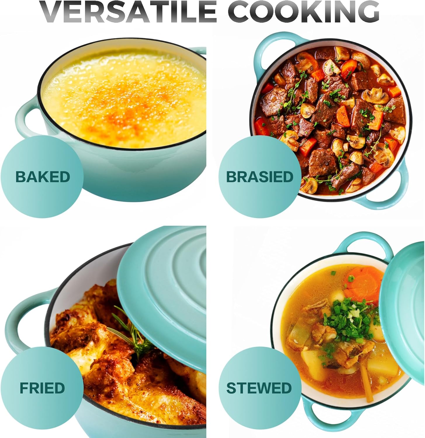 Trustmade 3 Quart Enamel Coated Cast Iron Dutch Oven with Self Basting Lid for Baking and Cooking in Aqua Color