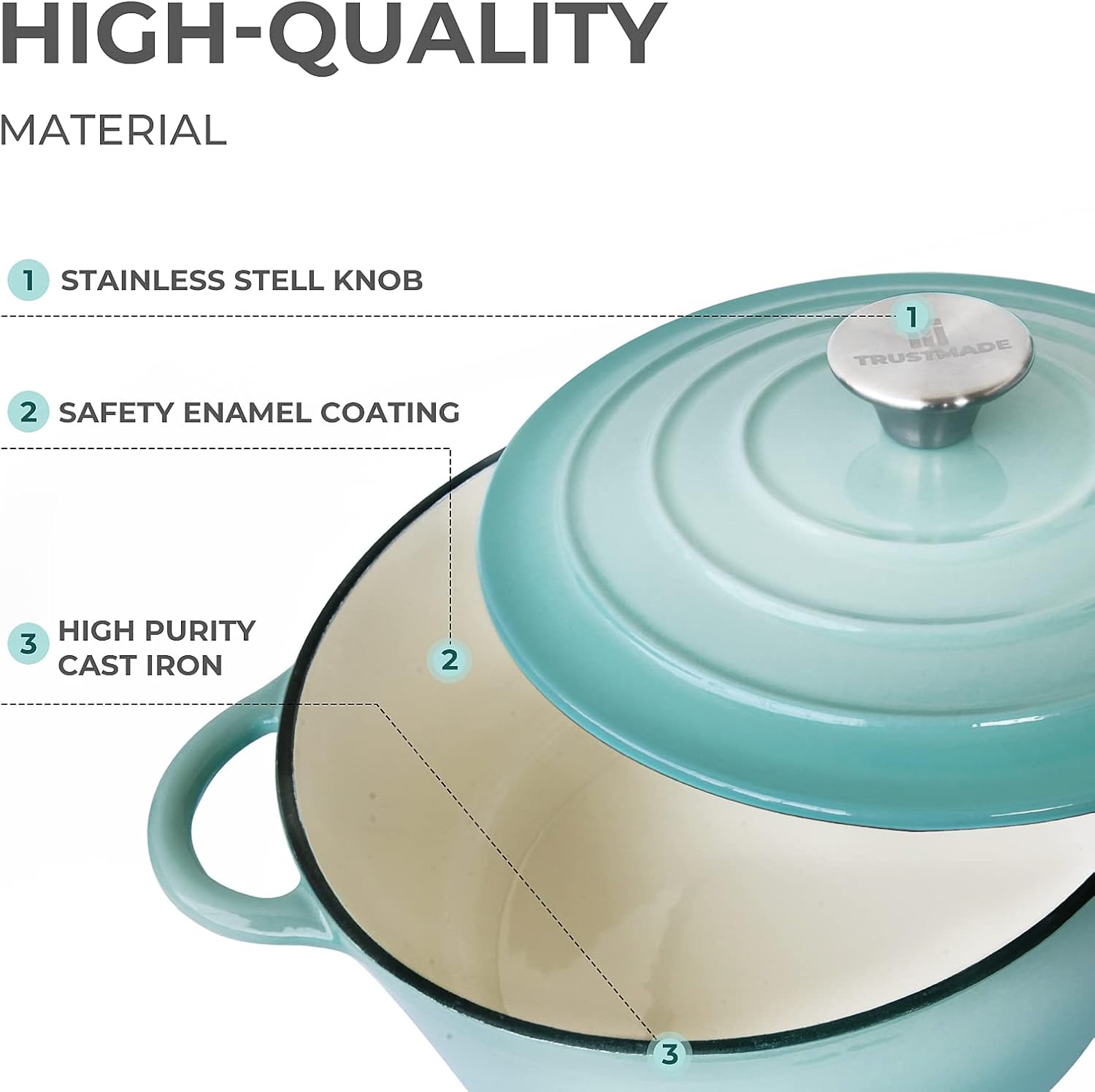 Trustmade 3 Quart Enamel Coated Cast Iron Dutch Oven with Self Basting Lid for Baking and Cooking in Aqua Color