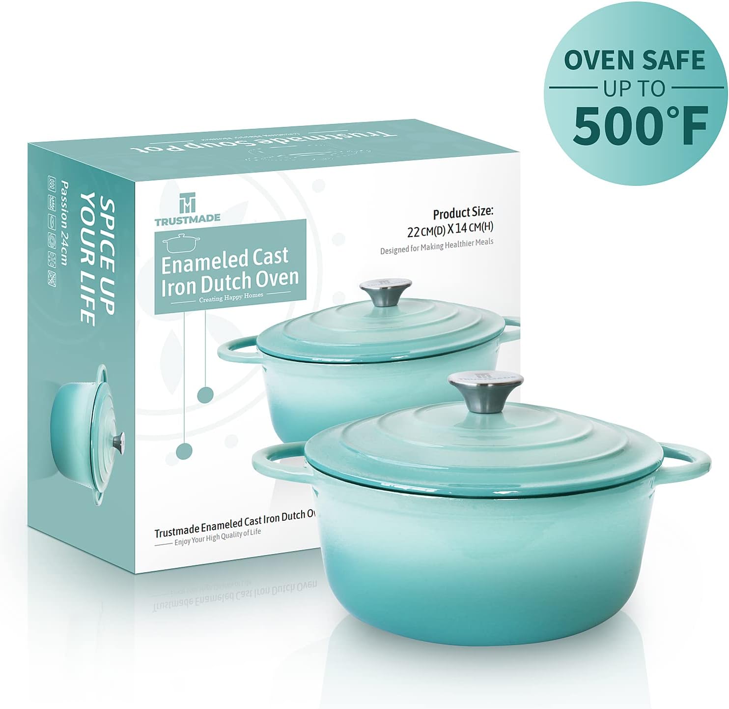 Trustmade 3 Quart Enamel Coated Cast Iron Dutch Oven with Self Basting Lid for Baking and Cooking in Aqua Color
