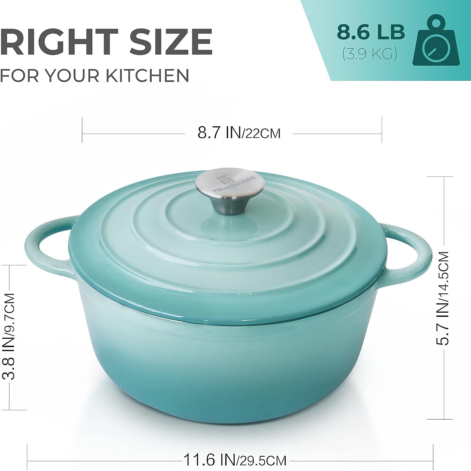 Trustmade 3 Quart Enamel Coated Cast Iron Dutch Oven with Self Basting Lid for Baking and Cooking in Aqua Color