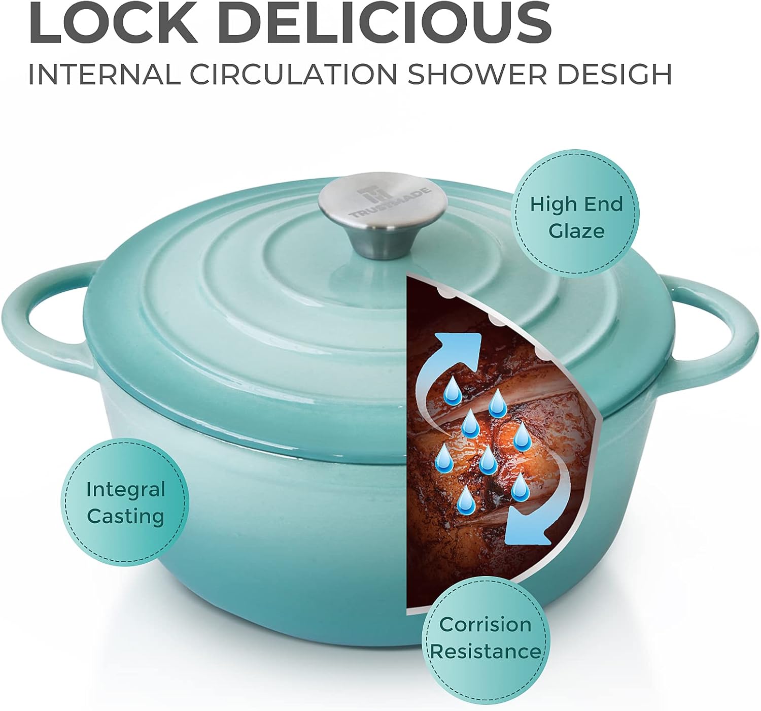 Trustmade 3 Quart Enamel Coated Cast Iron Dutch Oven with Self Basting Lid for Baking and Cooking in Aqua Color
