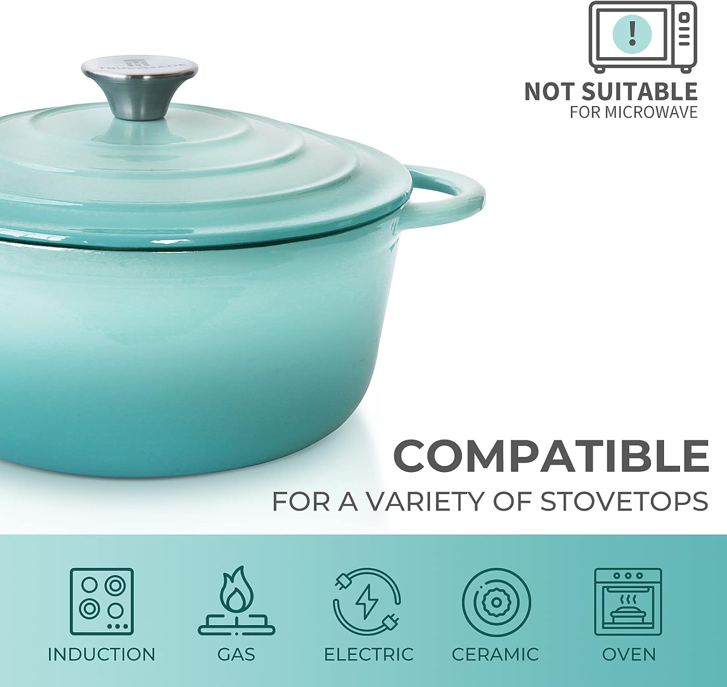 Trustmade 3 Quart Enamel Coated Cast Iron Dutch Oven with Self Basting Lid for Baking and Cooking in Aqua Color