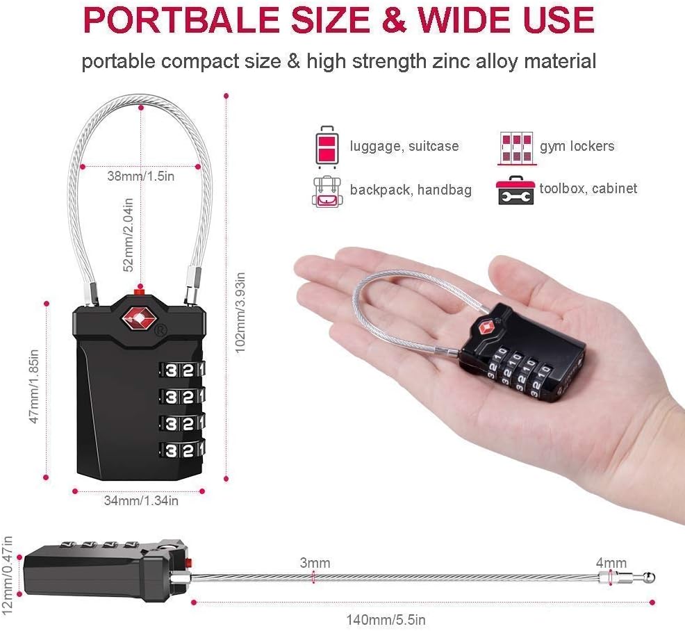 TSA Approved Long Shackle Padlock 2 Pack with 4 Digit Combination Lock, Travel Locks for Suitcases, Backpacks, and Baggage - Easy Read Dials, 5.5 Inch Cable