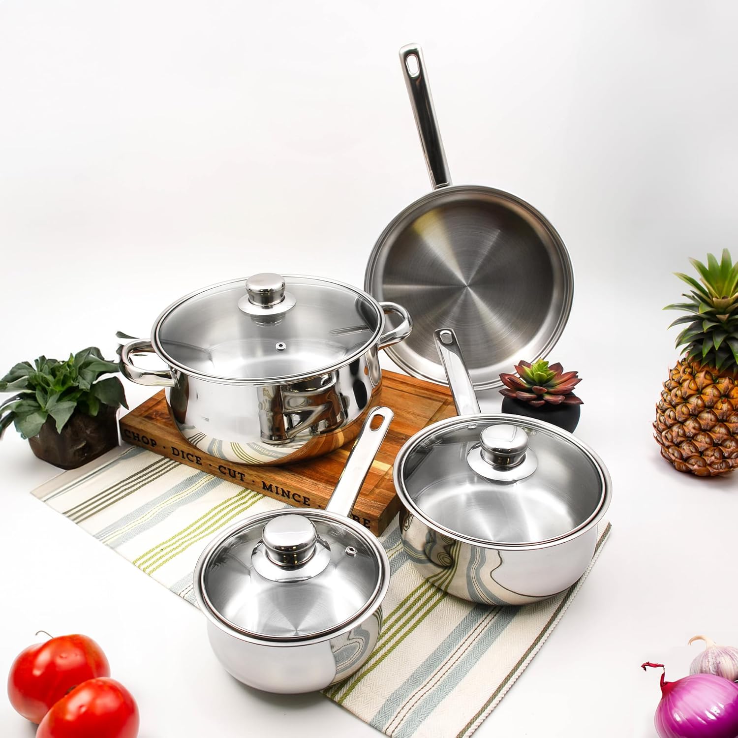 Tuxton Home Nevada Stainless Steel Cookware Set - 7 Piece, PFTE & PFOA Free, Induction Compatible, Freezer to Oven Safe