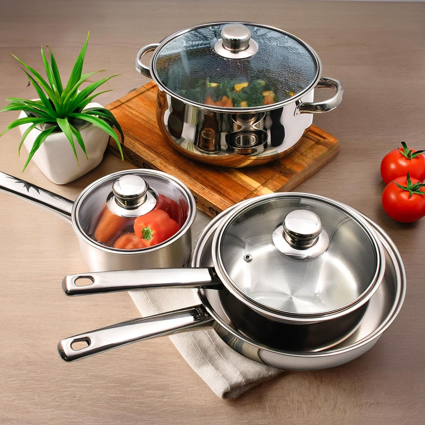 Tuxton Home Nevada Stainless Steel Cookware Set - 7 Piece, PFTE & PFOA Free, Induction Compatible, Freezer to Oven Safe