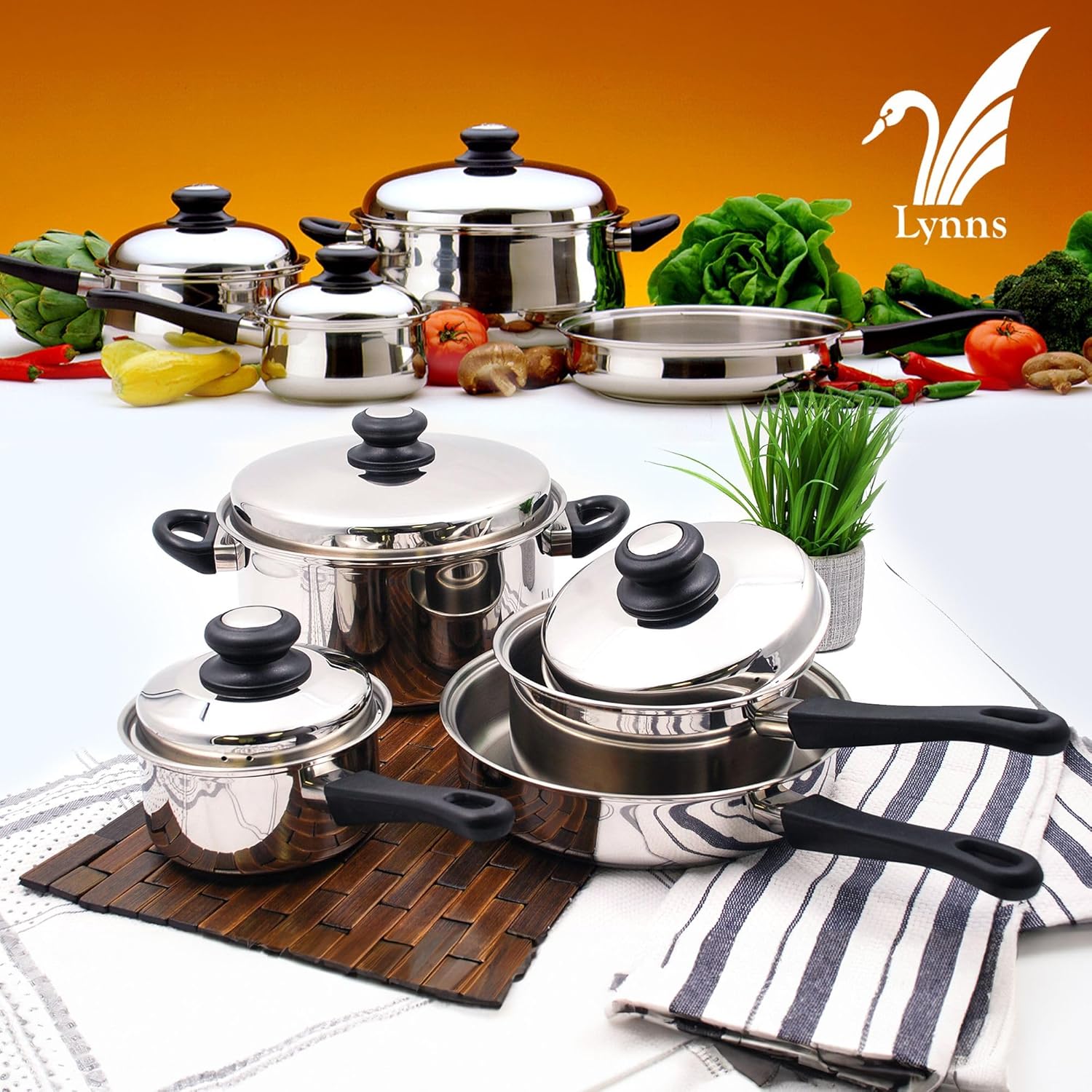 Tuxton Home Nevada Stainless Steel Cookware Set - 7 Piece, PFTE & PFOA Free, Induction Compatible, Freezer to Oven Safe