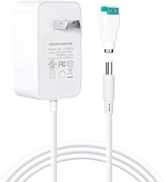 UL Listed 12V 3A Power Supply AC Adapter for LED Light & Security Camera - 5.5mm x 2.1mm Connector Plug - 5Ft White Cord - 36W Max