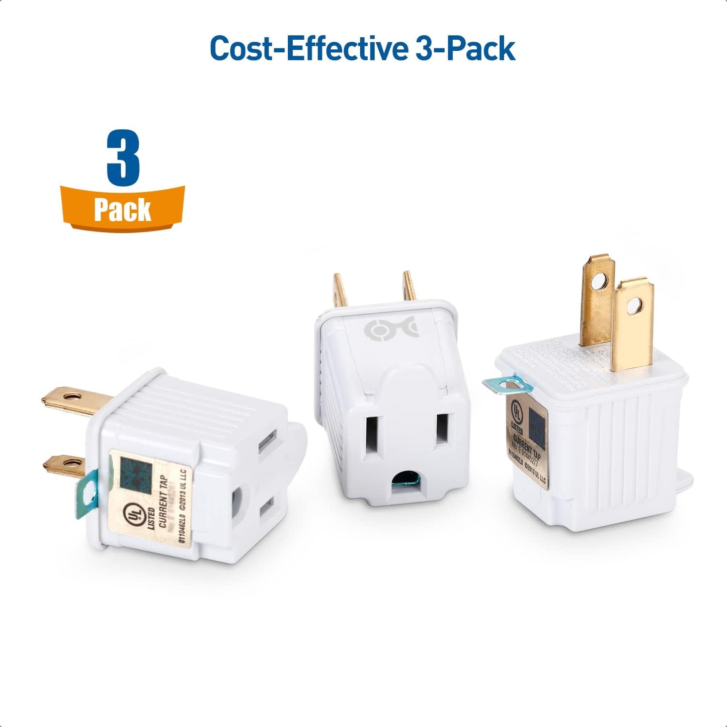 UL Listed Cable Matters 3-Pack 2 Prong to 3 Prong Outlet Adapter in White - Converts 2-Prong Outlet to 3-Prong Plug
