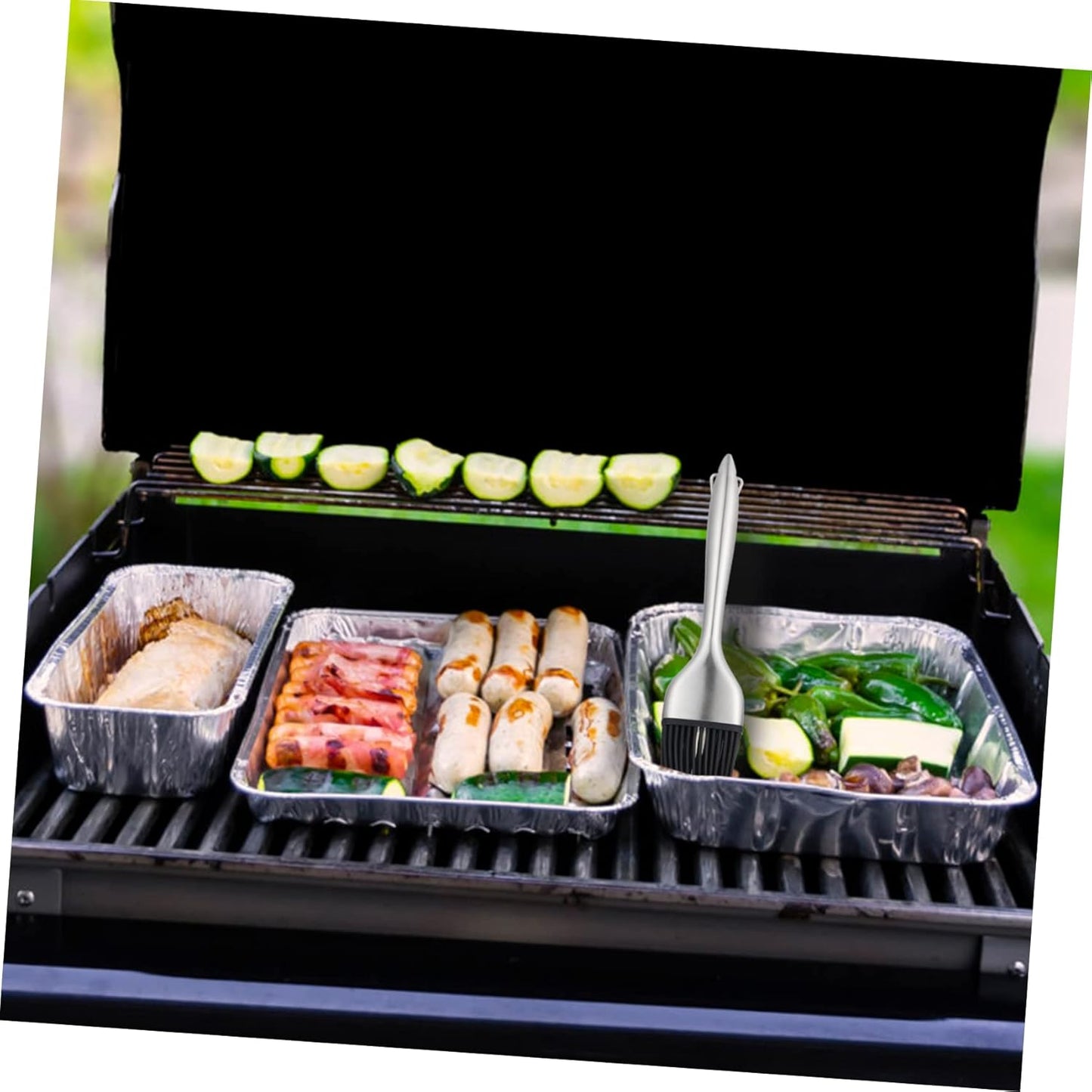 Ultimate BBQ Tool Set with Brush, Spatula, Turntable, Cookware, Pan, Lid, Air Fryer, Oven Mitts, Baking Tray, Scrubber, Pot, Roti Plate - Silver