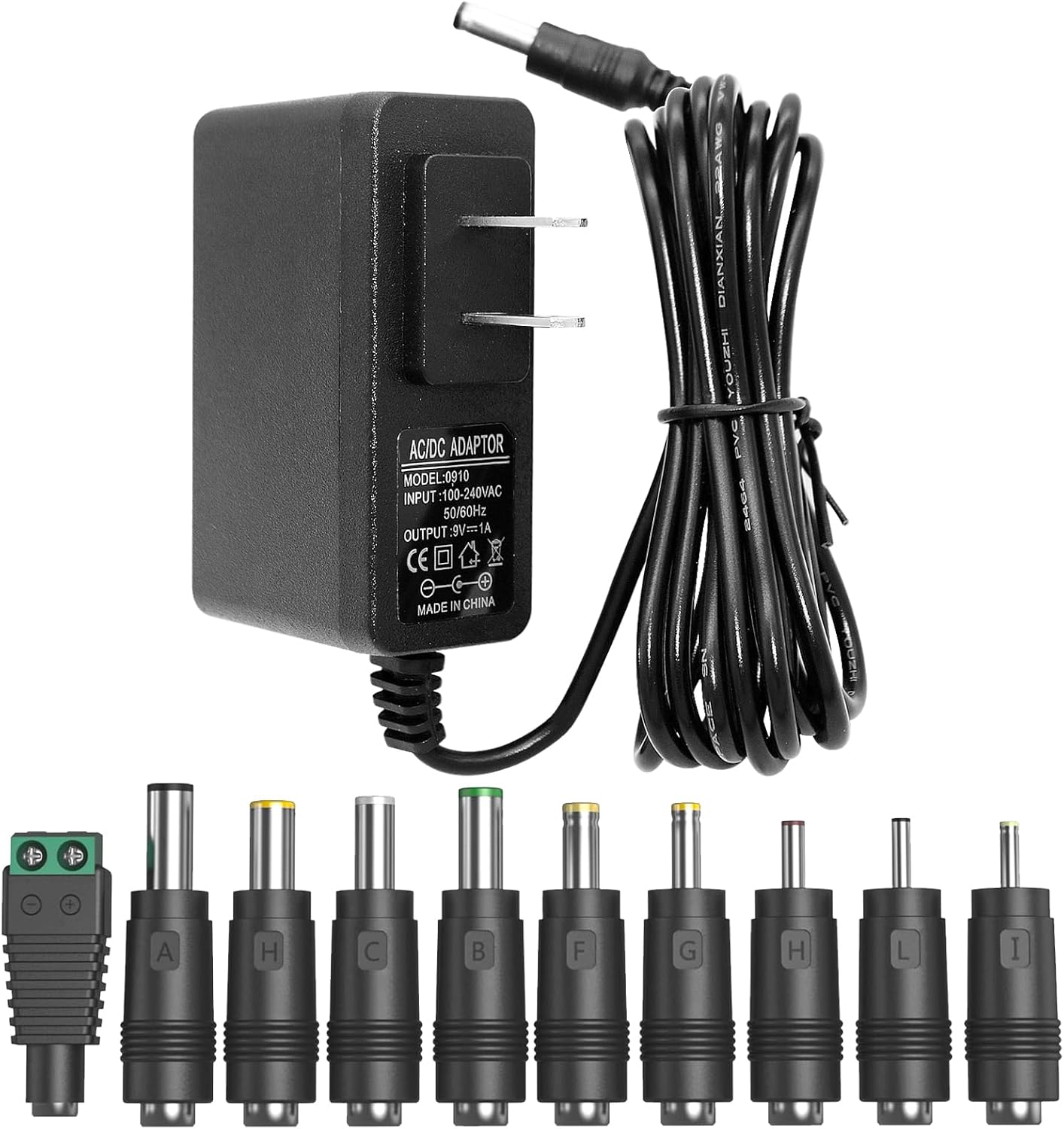 Universal 9V Power Supply Adapter with 10 Interchangeable Jacks - AC to DC Wall Charger Cord for Electronics - 1000mA to 100mA