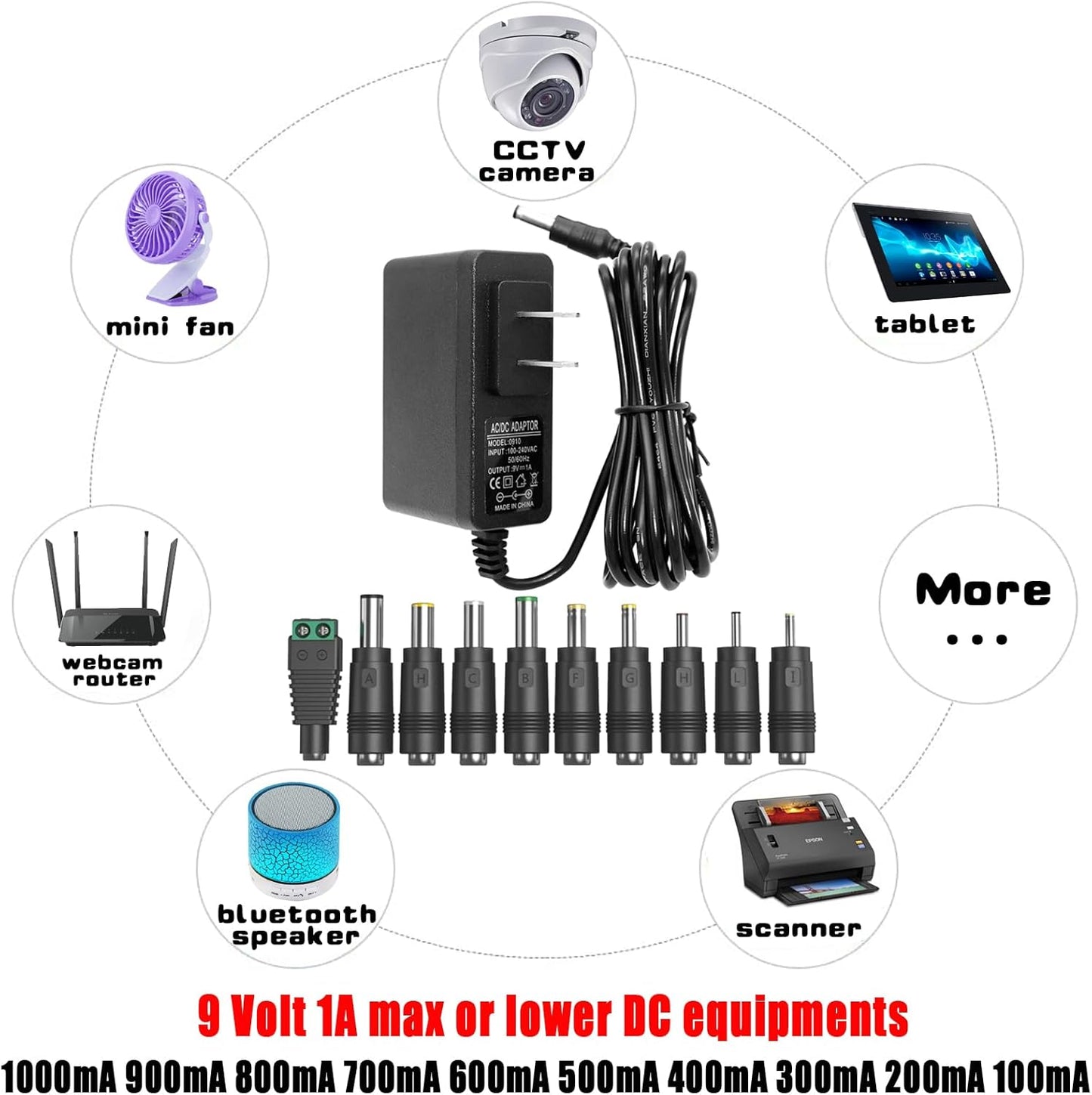 Universal 9V Power Supply Adapter with 10 Interchangeable Jacks - AC to DC Wall Charger Cord for Electronics - 1000mA to 100mA
