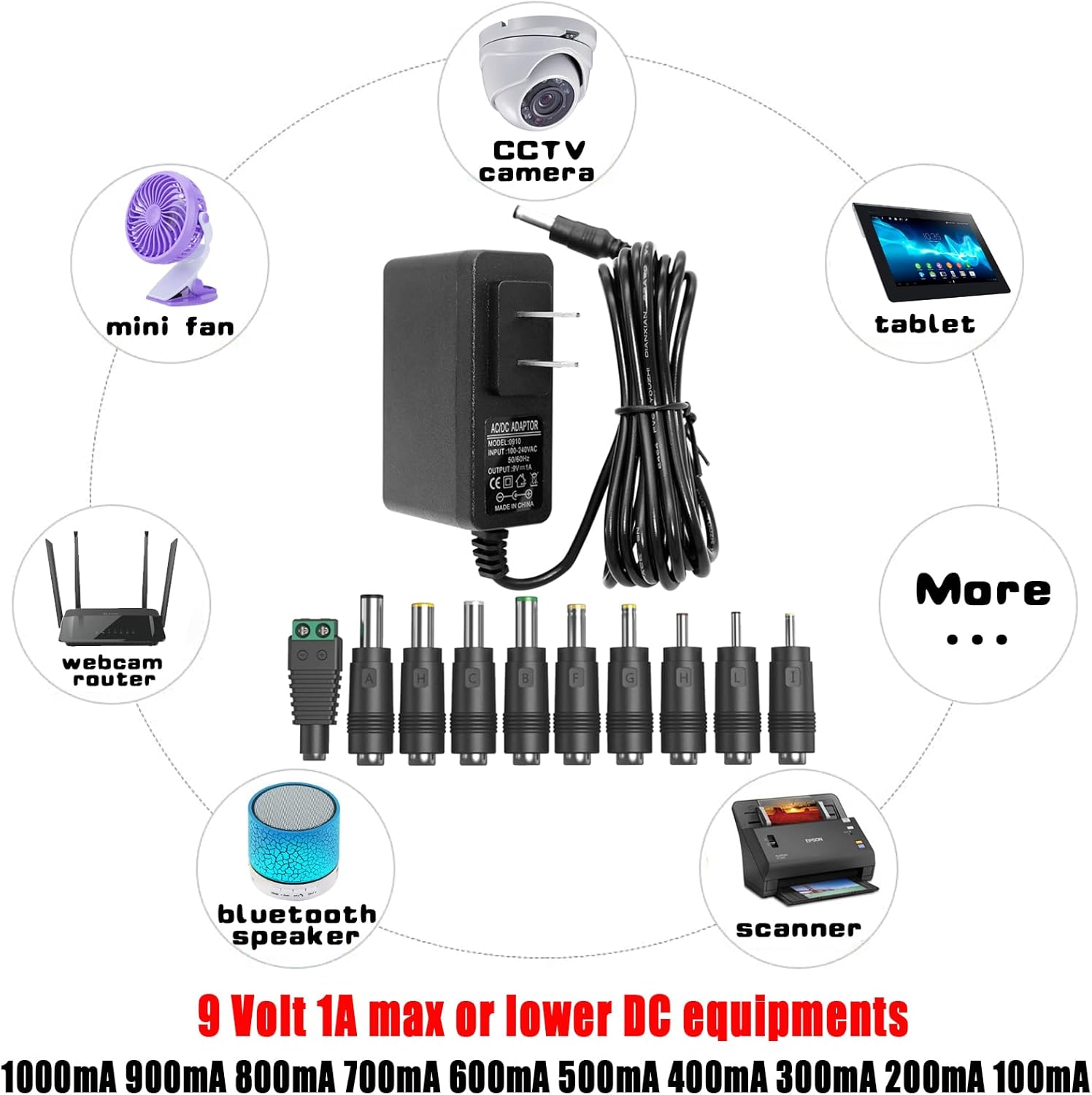 Universal 9V Power Supply Adapter with 10 Interchangeable Jacks - AC to DC Wall Charger Cord for Electronics - 1000mA to 100mA