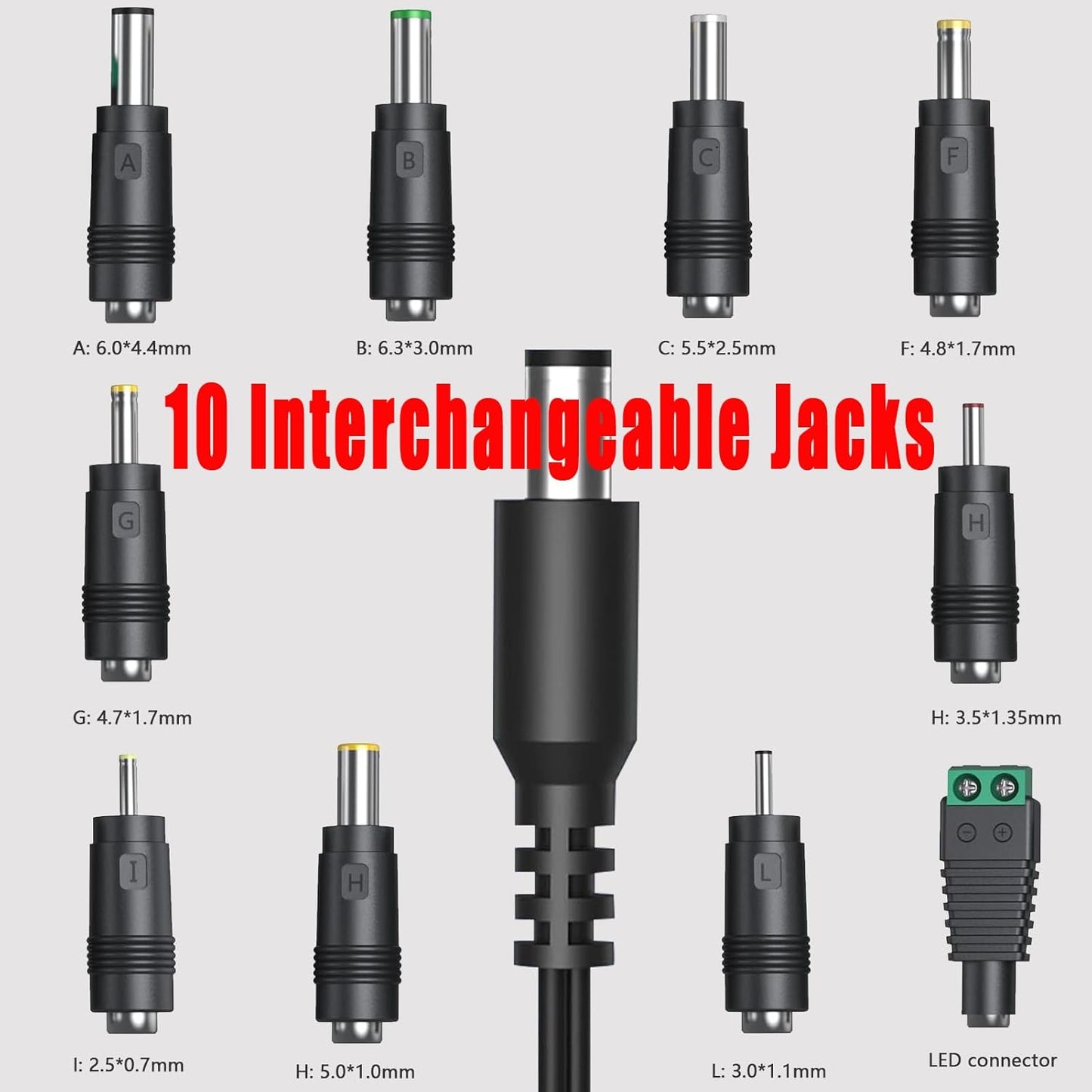 Universal 9V Power Supply Adapter with 10 Interchangeable Jacks - AC to DC Wall Charger Cord for Electronics - 1000mA to 100mA