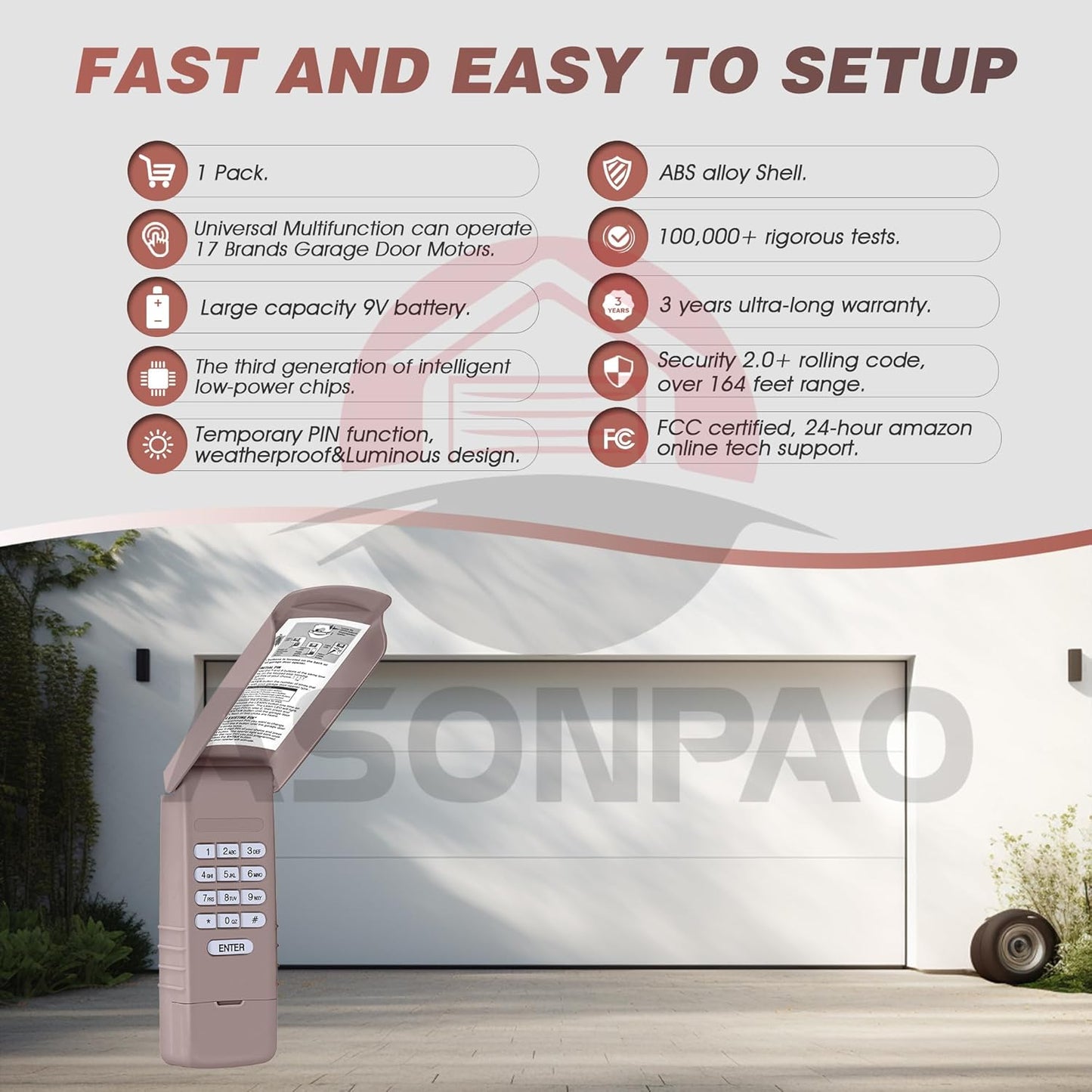 Universal Chamberlain Garage Door Opener Keypad ASONPAO 1 for 940EV-P2 - 17 in 1, 3-Year Warranty - Compatible with 940ESTD, G940EV-P2