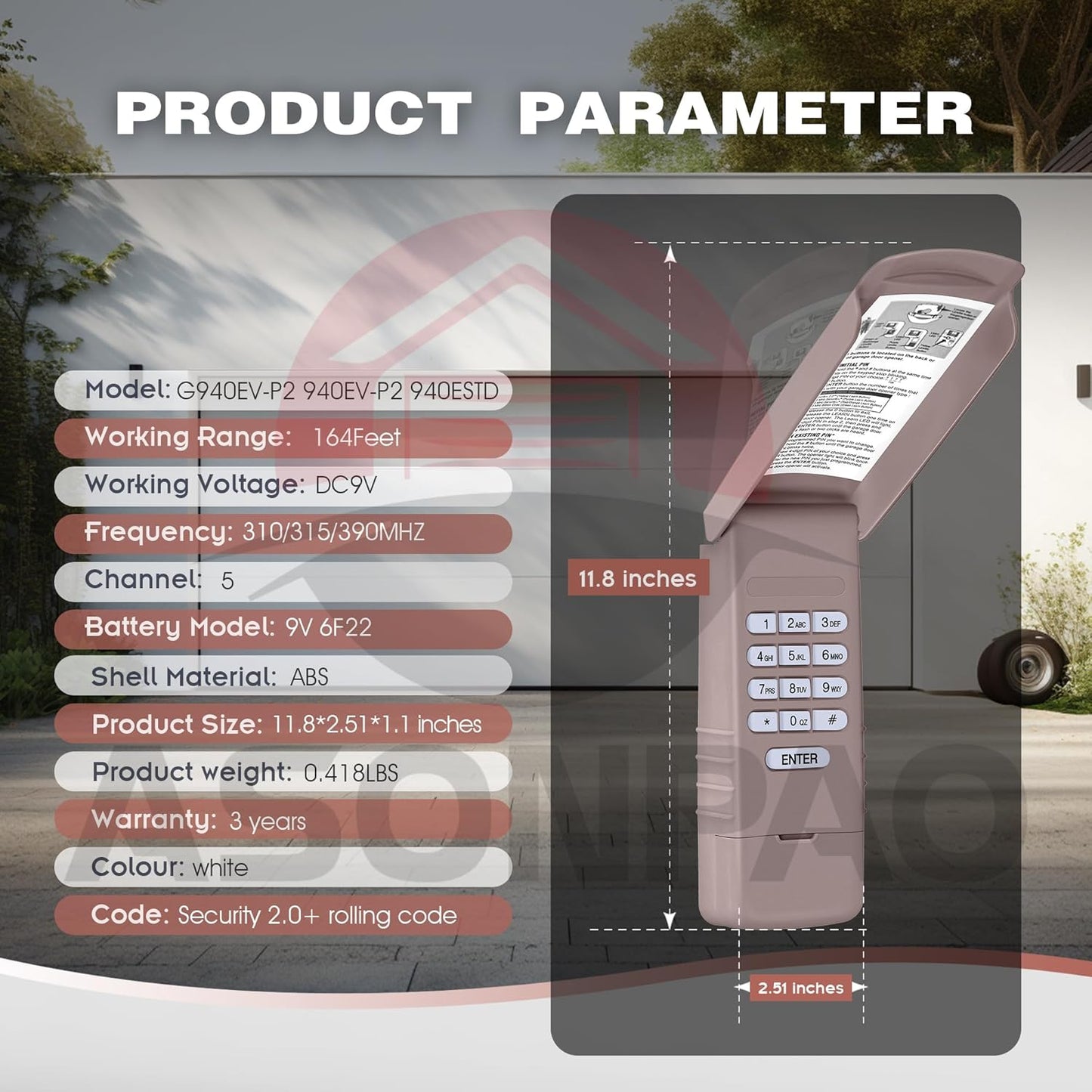 Universal Chamberlain Garage Door Opener Keypad ASONPAO 1 for 940EV-P2 - 17 in 1, 3-Year Warranty - Compatible with 940ESTD, G940EV-P2