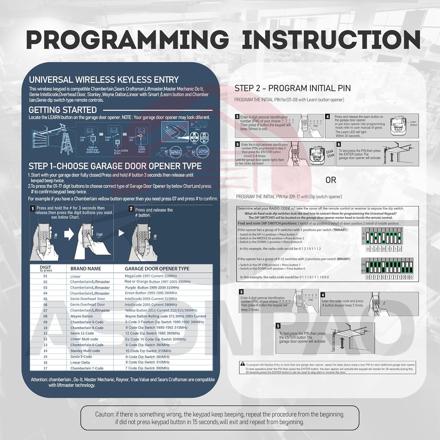 Universal Chamberlain Garage Door Opener Keypad ASONPAO 1 for 940EV-P2 - 17 in 1, 3-Year Warranty - Compatible with 940ESTD, G940EV-P2