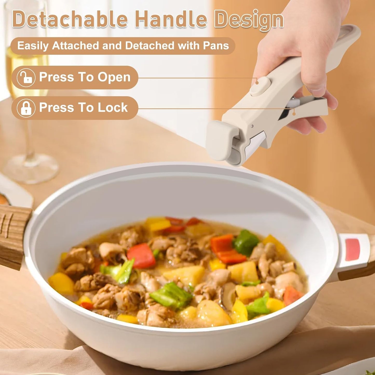 Universal Cream White Removable Pot and Pan Handle - Detachable Cookware Handle Replacement for Kitchen Pots and Pans