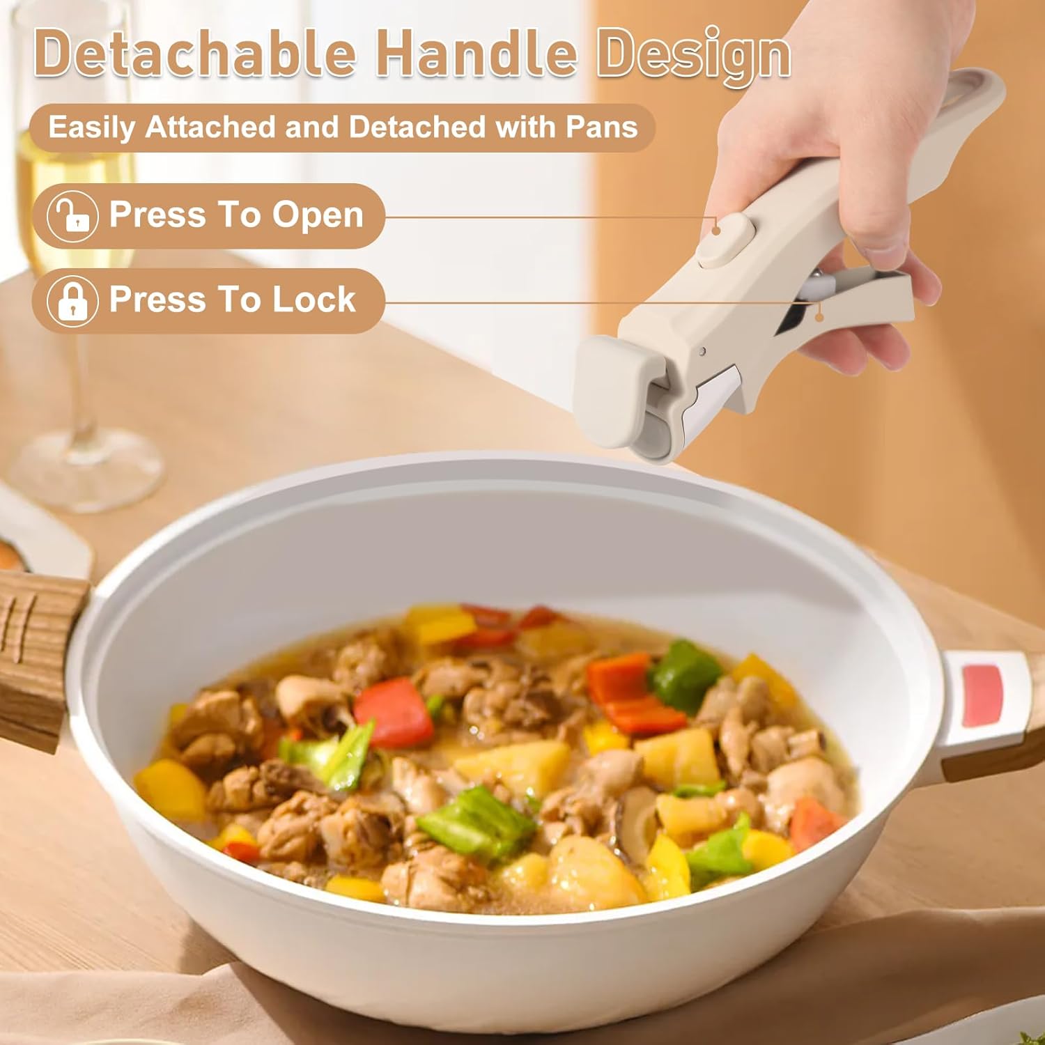 Universal Cream White Removable Pot and Pan Handle - Detachable Cookware Handle Replacement for Kitchen Pots and Pans