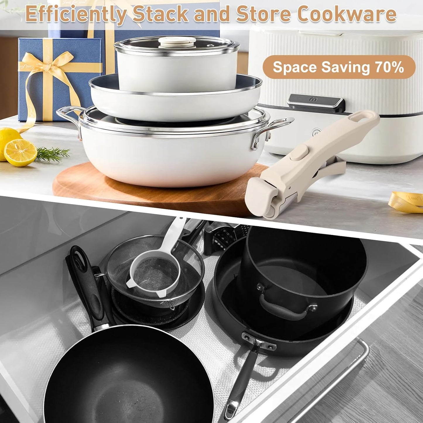 Universal Cream White Removable Pot and Pan Handle - Detachable Cookware Handle Replacement for Kitchen Pots and Pans