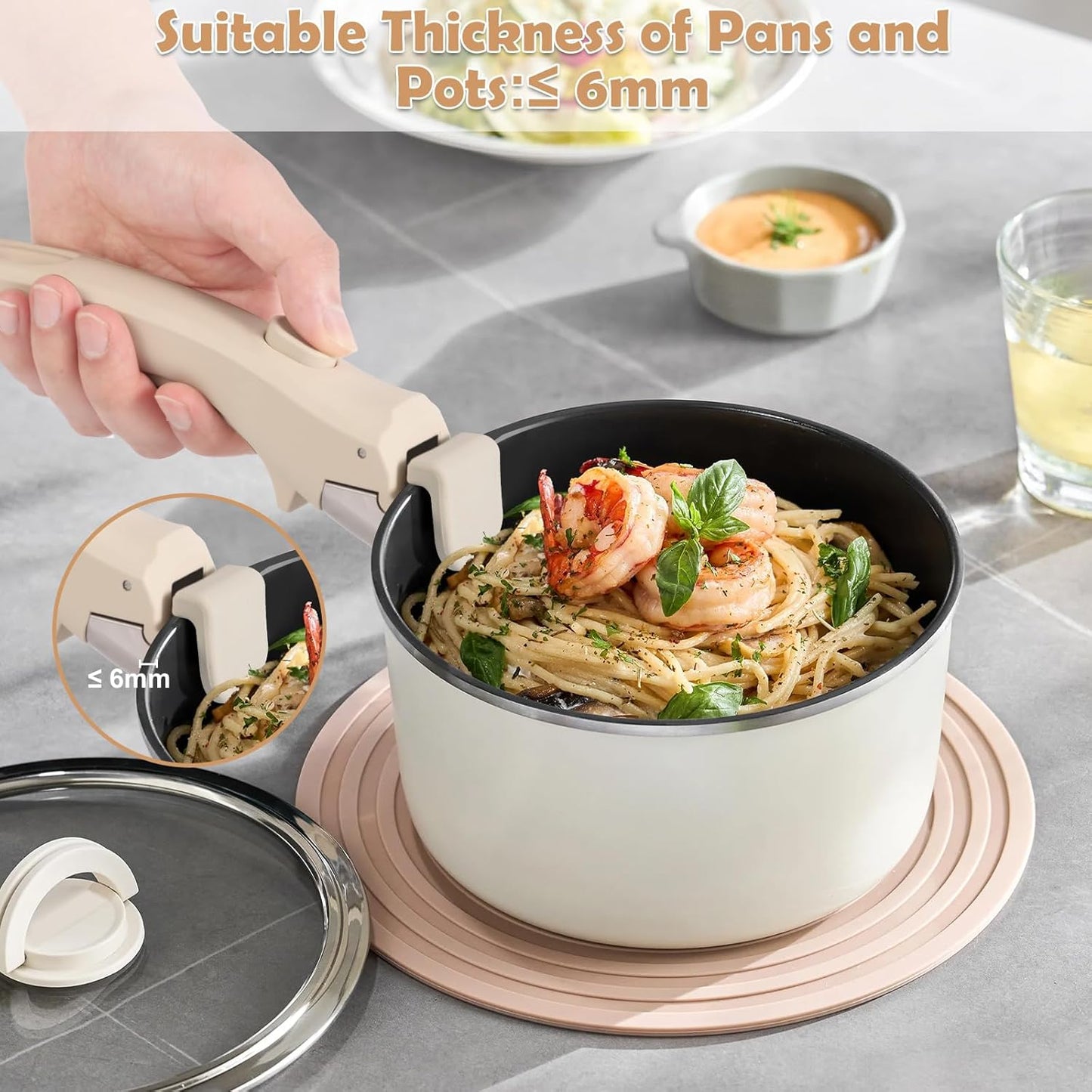 Universal Cream White Removable Pot and Pan Handle - Detachable Cookware Handle Replacement for Kitchen Pots and Pans