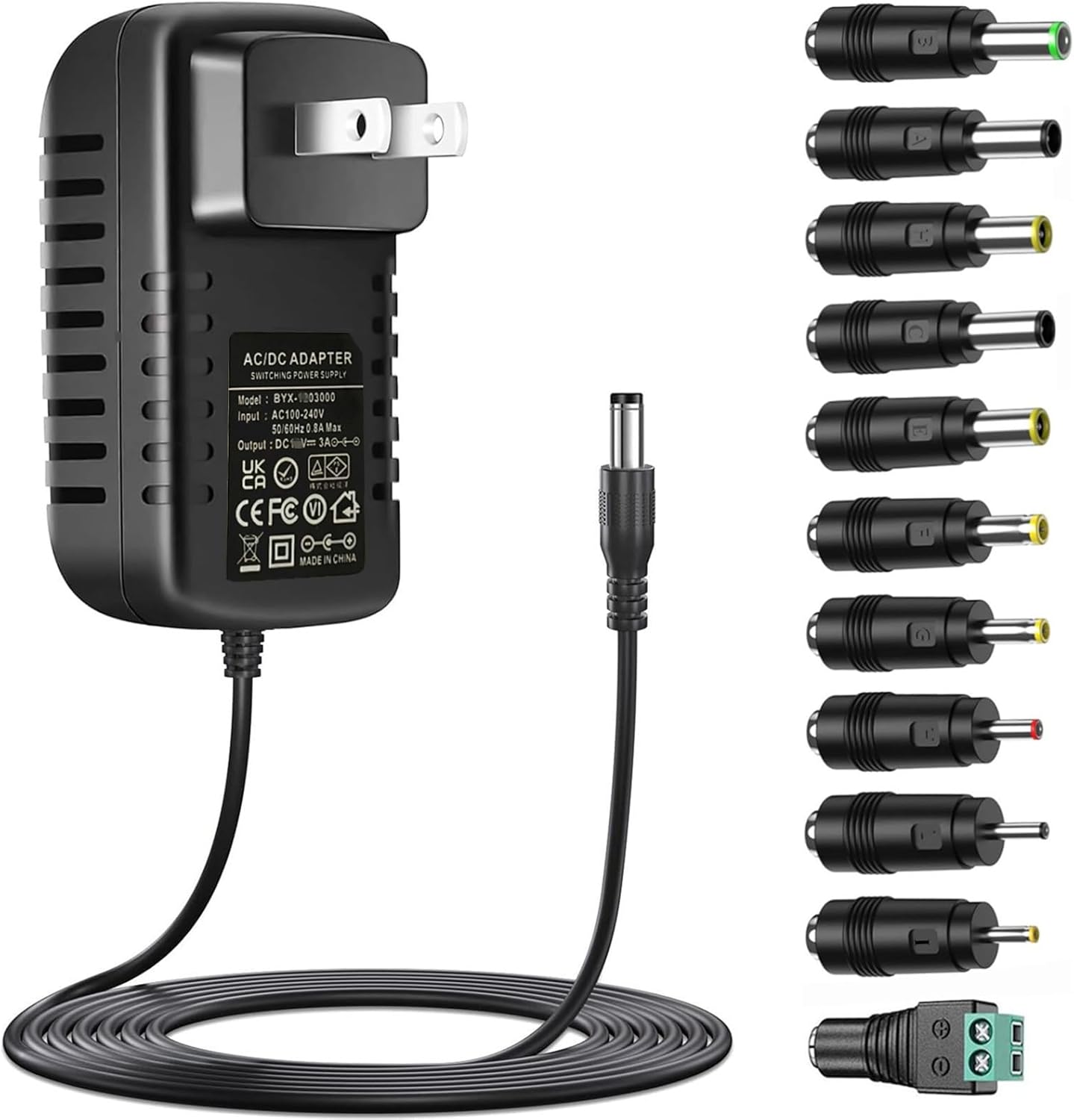 Universal DC15V 3A Power Supply with 11 DC Plug Tips - AC120V to DC15V 3000mA Charger Adapter