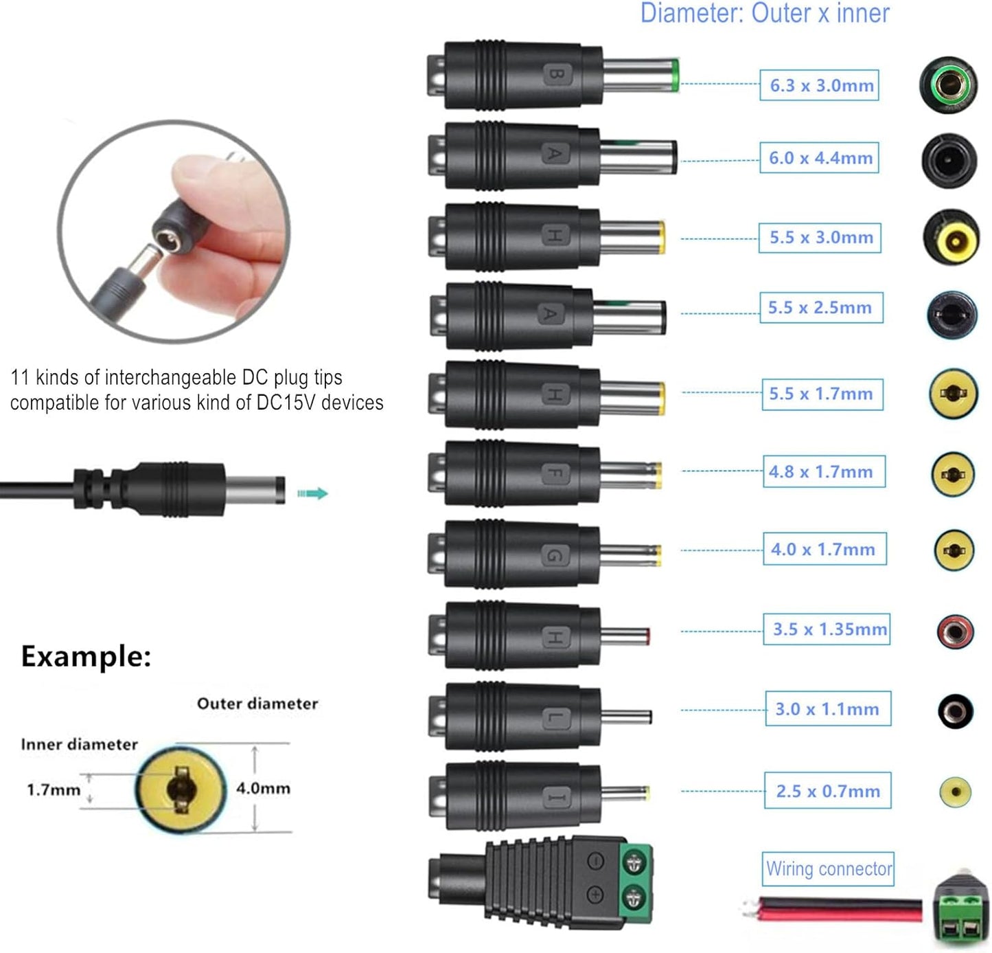 Universal DC15V 3A Power Supply with 11 DC Plug Tips - AC120V to DC15V 3000mA Charger Adapter