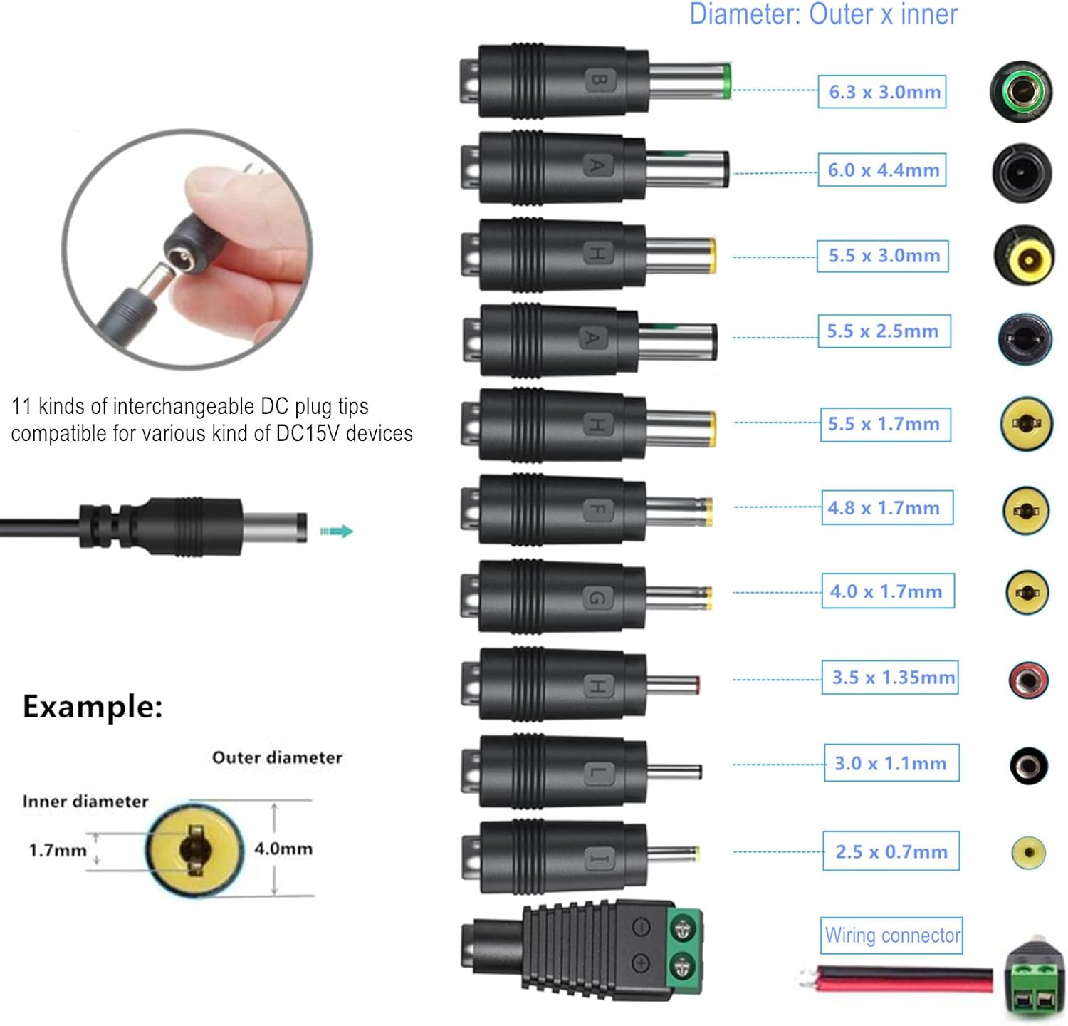 Universal DC15V 3A Power Supply with 11 DC Plug Tips - AC120V to DC15V 3000mA Charger Adapter
