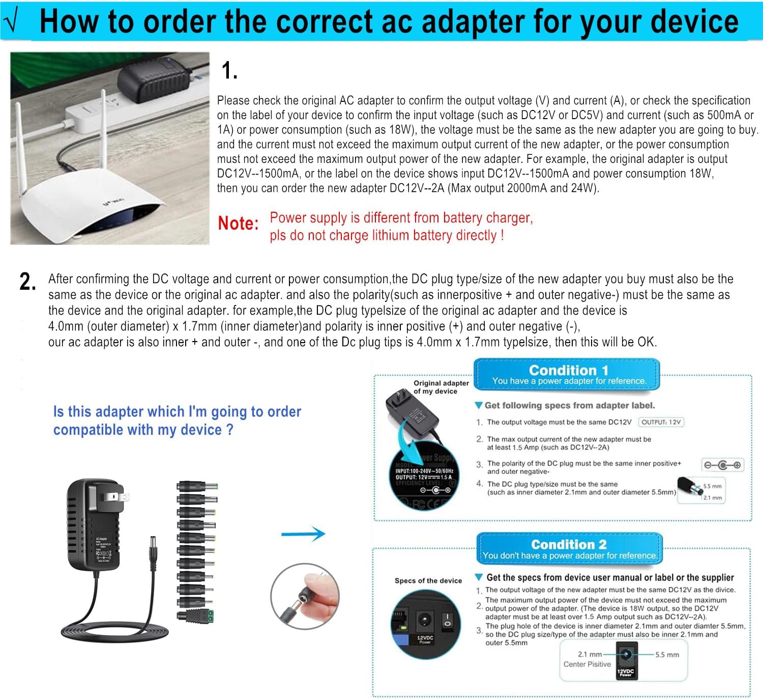 Universal DC15V 3A Power Supply with 11 DC Plug Tips - AC120V to DC15V 3000mA Charger Adapter
