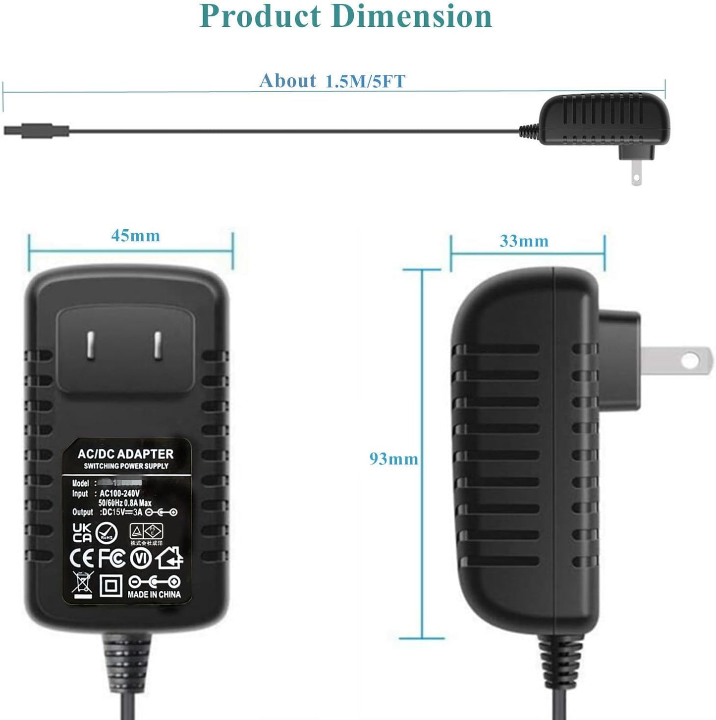 Universal DC15V 3A Power Supply with 11 DC Plug Tips - AC120V to DC15V 3000mA Charger Adapter