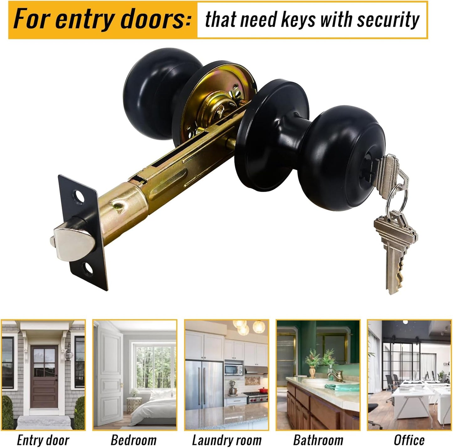 Universal Fit Teilmix 5" Backset Door Latch with Keyed Knobset and Square Corner Faceplate - Black