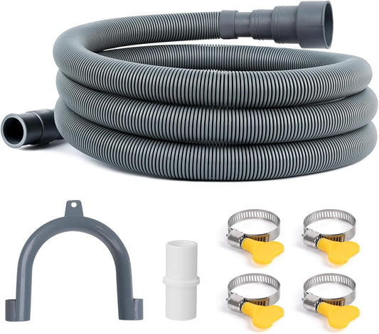 Universal Grey Washing Machine Drain Hose Extension Kit - 6 Ft Flexible Discharge Hose for Dishwasher & Washer, Includes 1 Adapter, 4 Clamps, 1 U-Bend Holder