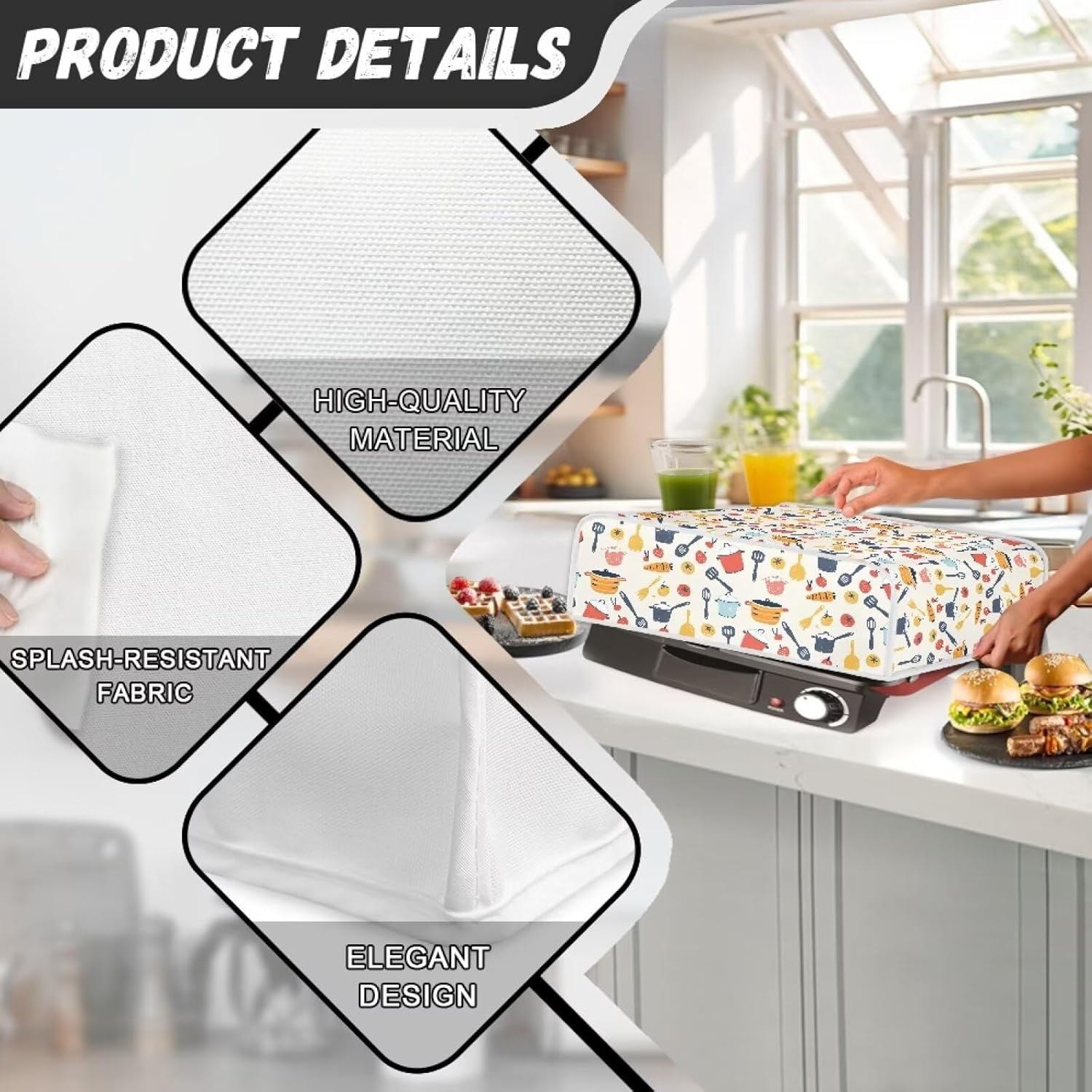 Universal Kitchen Appliance Dust Cover for Panini Press, Sandwich Maker, Griddle, and BBQ Grill - Washable Patterned Protective Cover for Home Decor