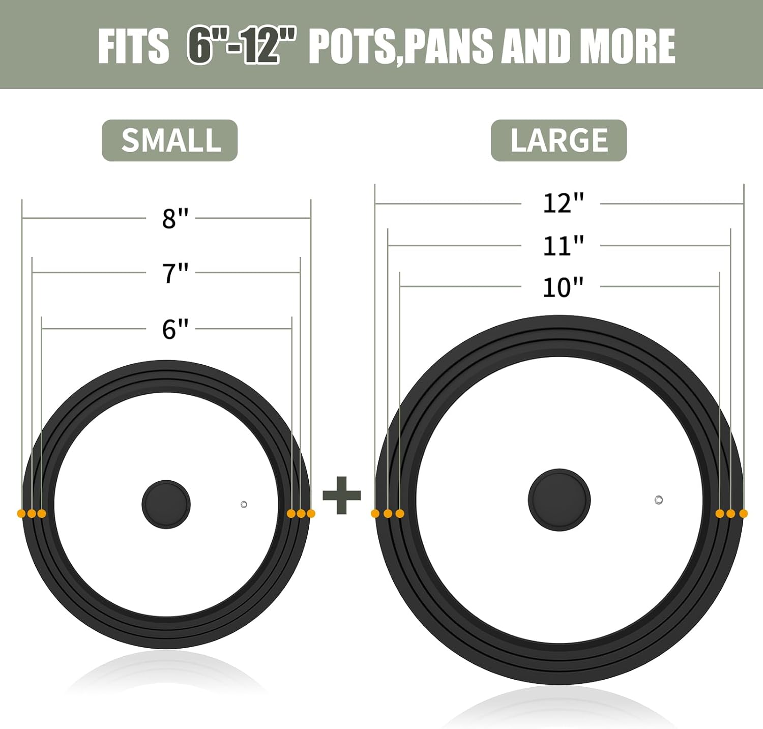 Universal Lid for Cookware, 2 Pack - Tempered Glass with Heat Resistant Silicone Rim, Fits 6" to 12" Pots, Pans, and Skillets