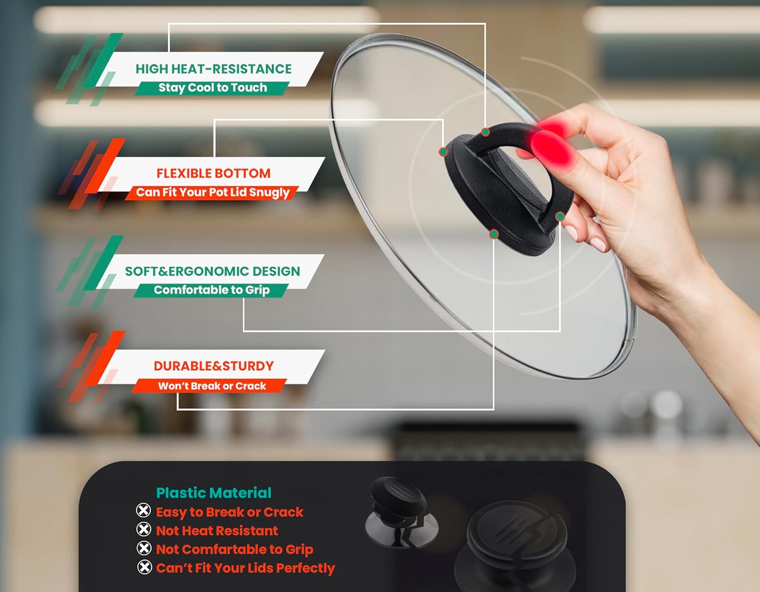 Universal Pot Lid Knob for Crockpot and Pan Lids - Heat Resistant Replacement Handle for Glass and Steel Lids - Easy Grip Kitchen Cookware Accessory - 2.75”x1.77”