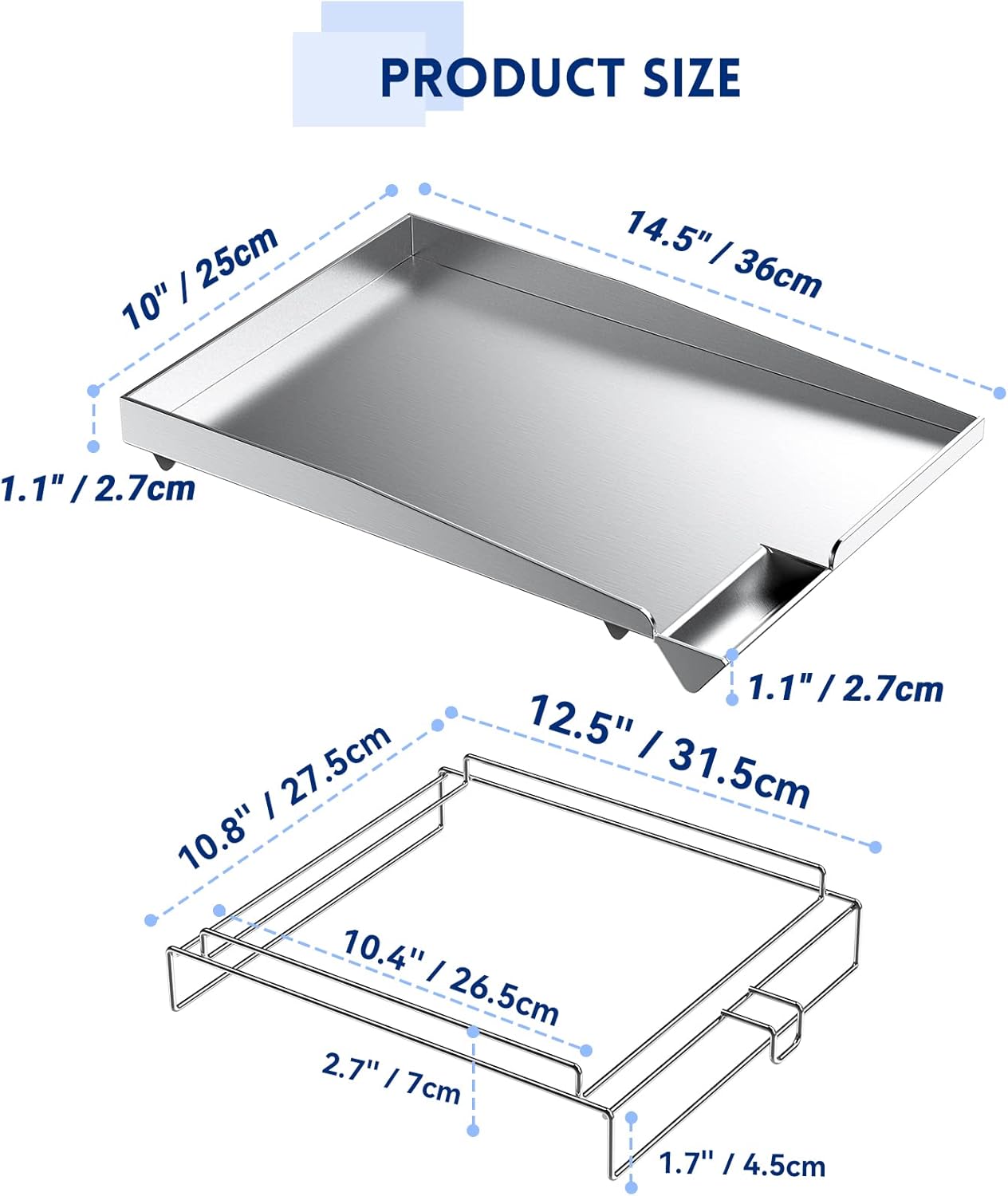 Universal Stainless Steel Gas Grill Griddle Pan with Removable Rack - Fits Most Gas Grills - 14.5" x 10