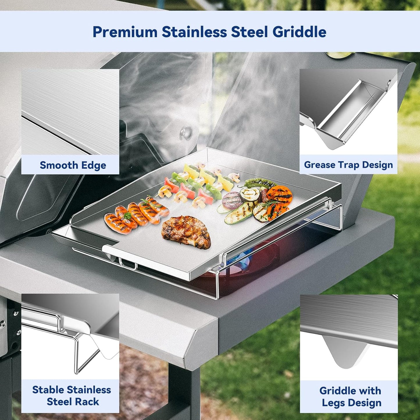 Universal Stainless Steel Gas Grill Griddle Pan with Removable Rack - Fits Most Gas Grills - 14.5" x 10