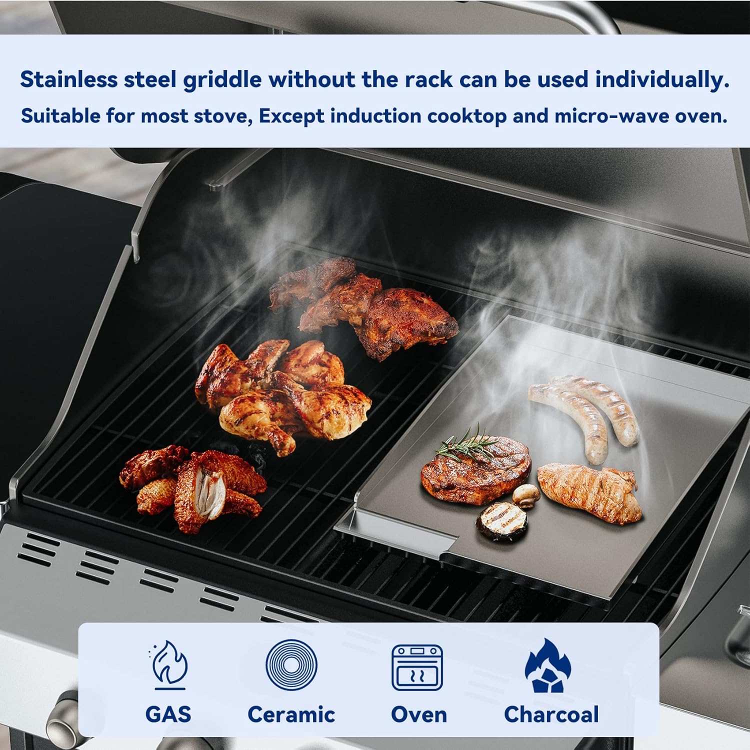 Universal Stainless Steel Gas Grill Griddle Pan with Removable Rack - Fits Most Gas Grills - 14.5" x 10