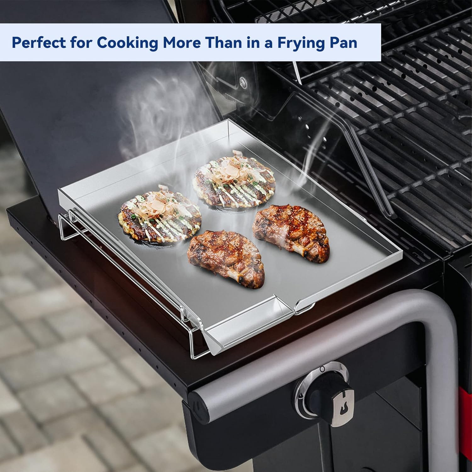 Universal Stainless Steel Gas Grill Griddle Pan with Removable Rack - Fits Most Gas Grills - 14.5" x 10