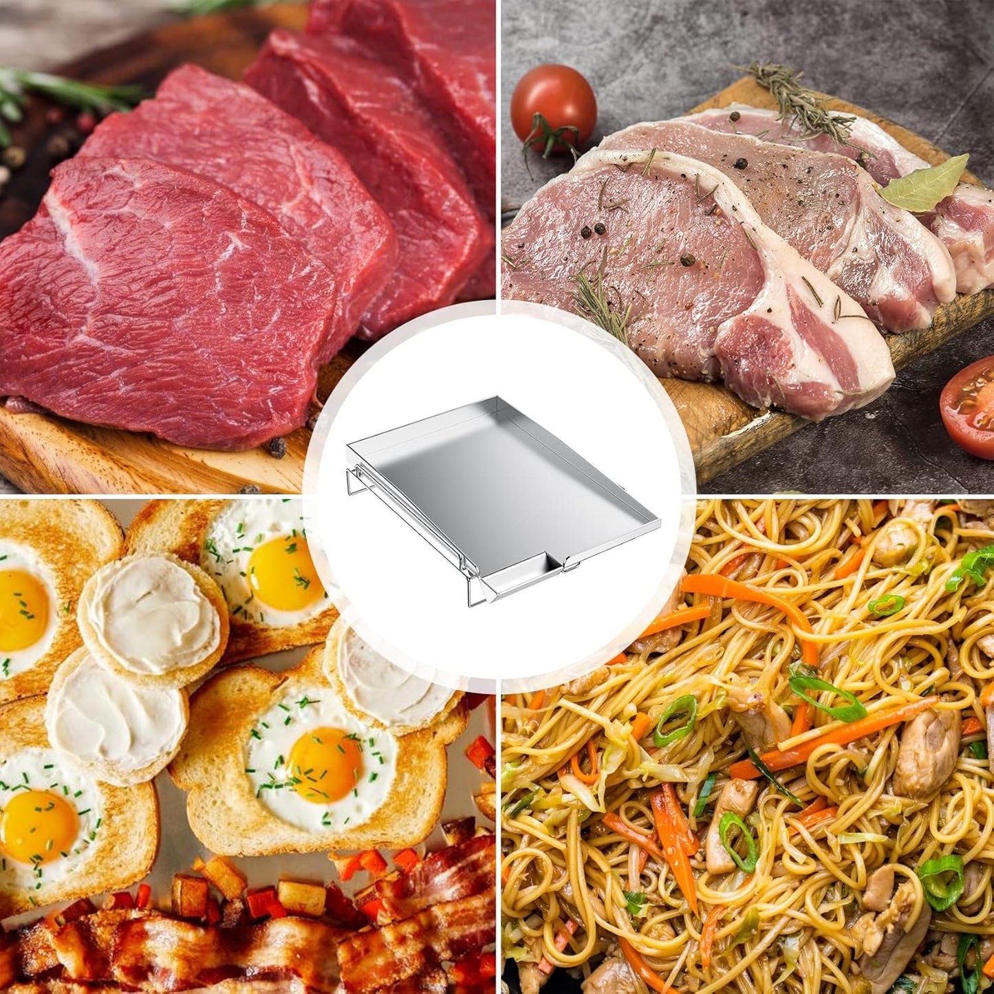 Universal Stainless Steel Gas Grill Griddle Pan with Removable Rack - Fits Most Gas Grills - 14.5" x 10